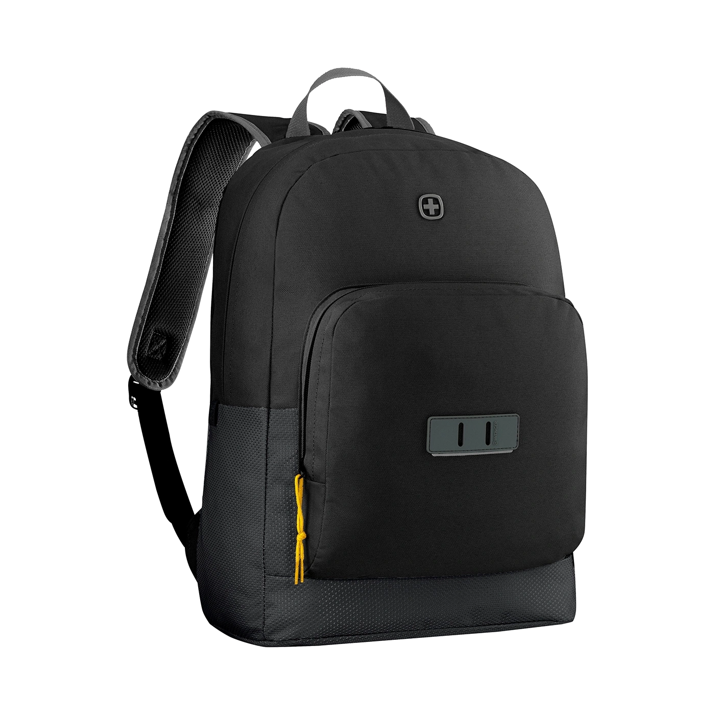 Black backpack with yellow accent and logo on a black background.