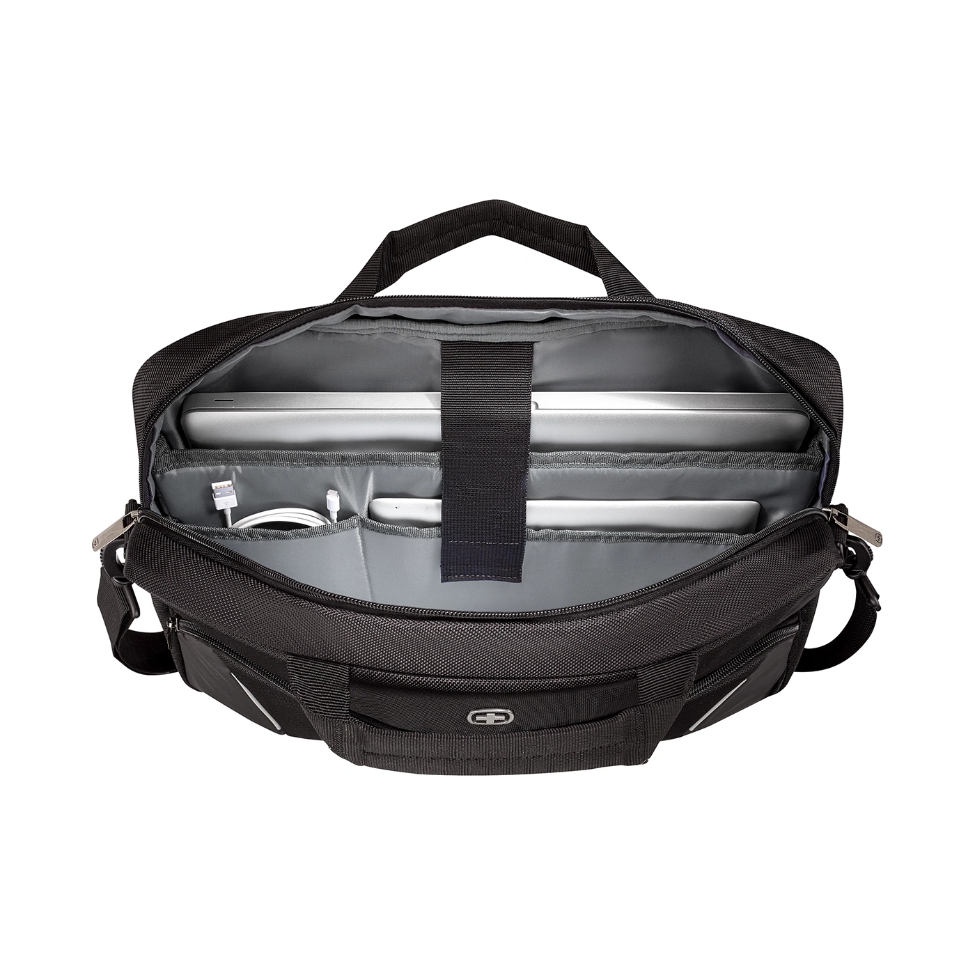 Black laptop bag open with tablets and cables inside, top view.