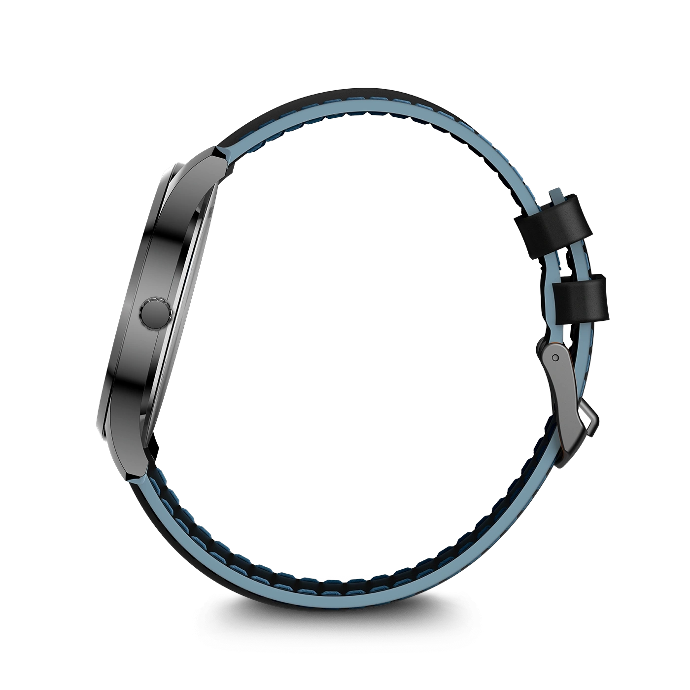 A stylish dark watch band with light blue accents.