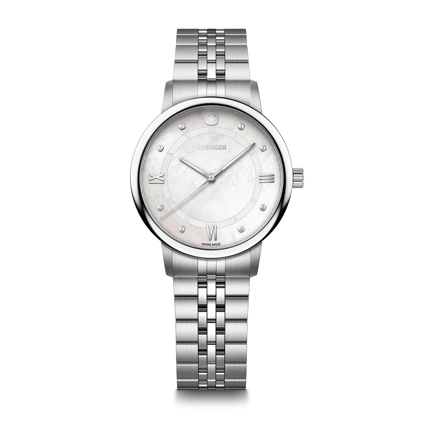A silver Wenger ladies watch with a mother-of-pearl dial and Roman numerals.
