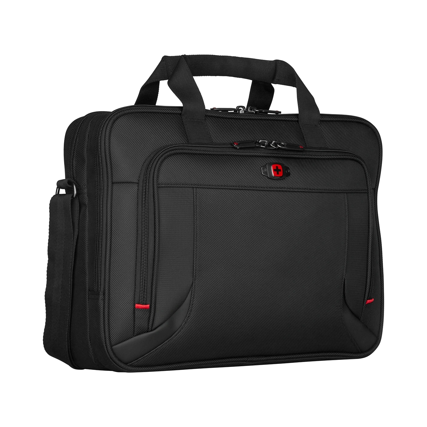 Black briefcase with red accents, handle, and shoulder strap, business bag