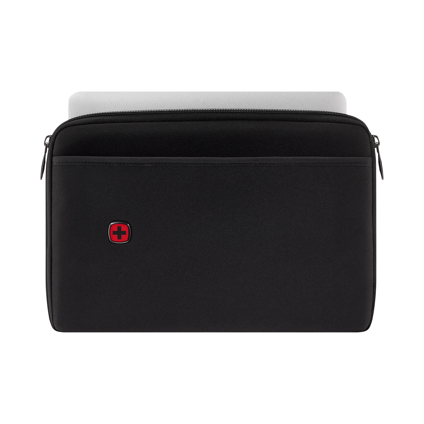 Black laptop sleeve with zipper and red logo, laptop inside, close-up shot.