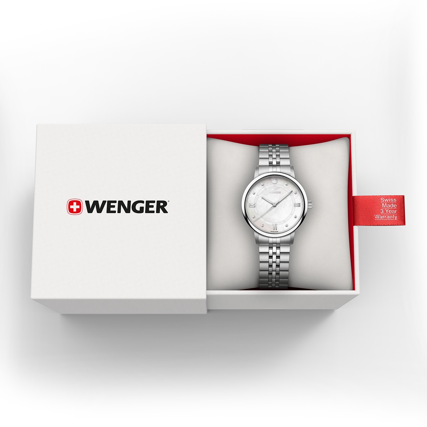 Wenger watch in white gift box with red warranty tag