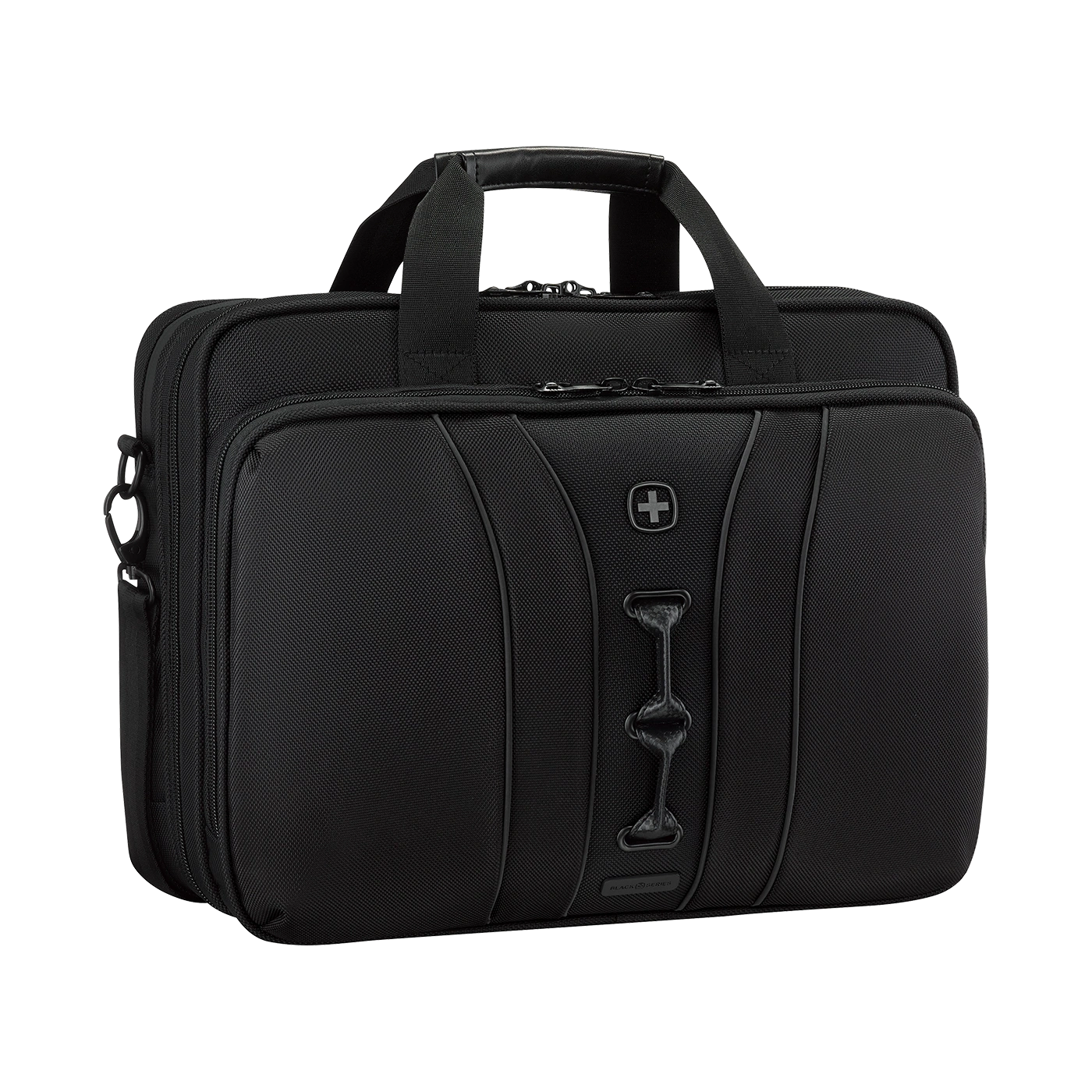 Black briefcase with handles and logo, perfect for carrying documents and essentials.