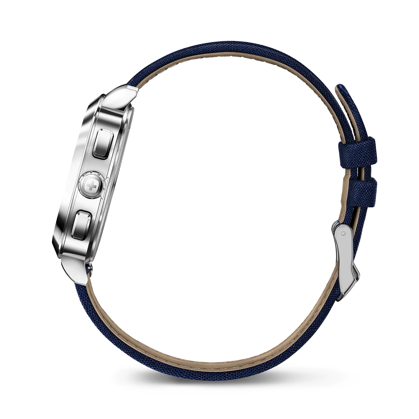 Side view of a watch with a blue fabric strap and silver case