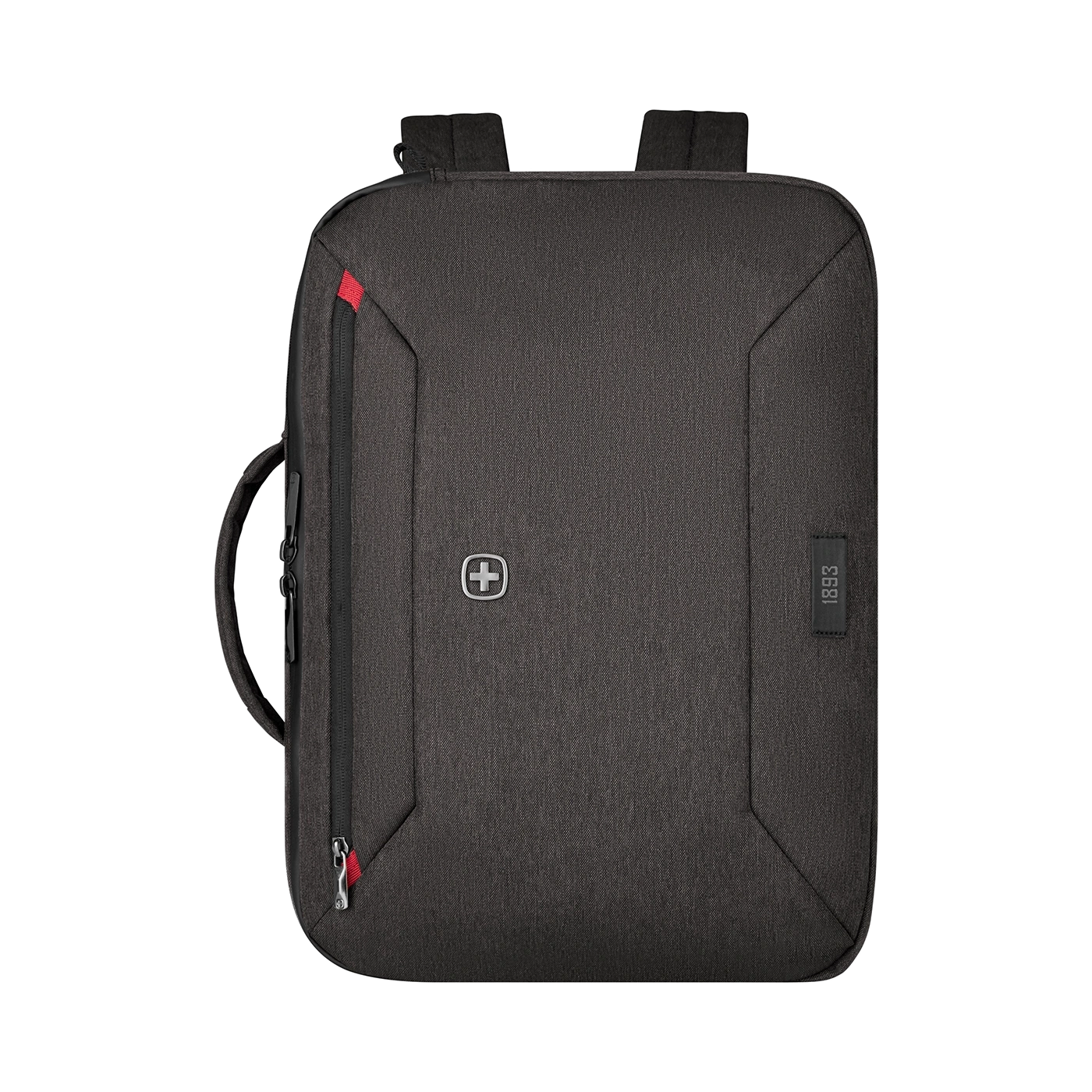 Dark gray backpack with red zipper and Swiss cross logo on black background