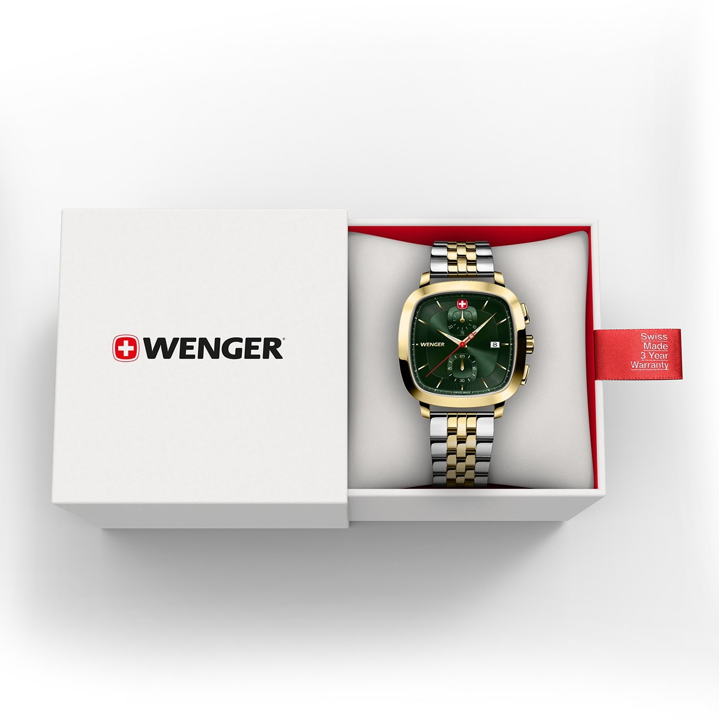 Wenger watch in a box. Gold-colored dial and bracelet. Swiss made quality and warranty.