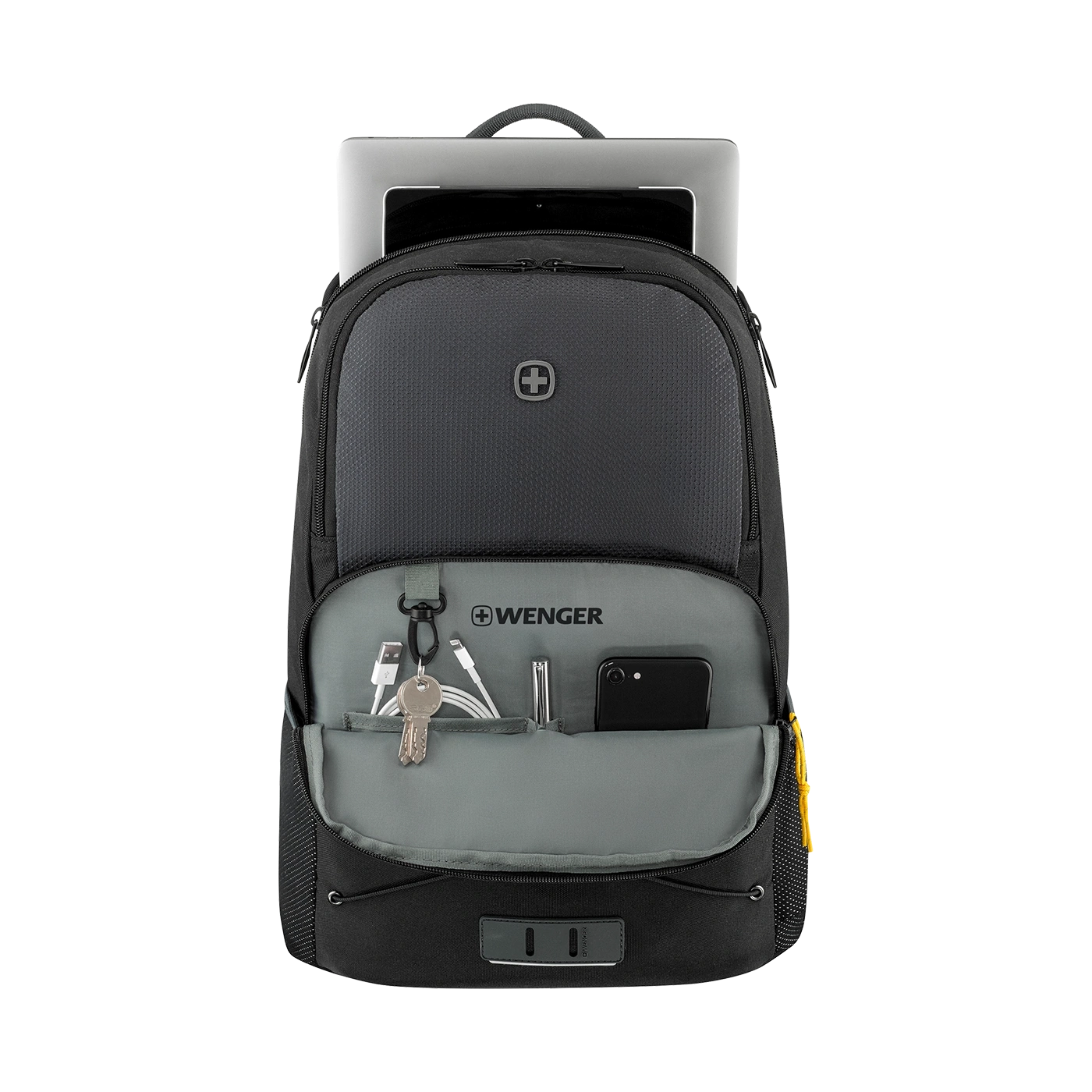 Black backpack with laptop and accessories, WENGER logo, open pocket