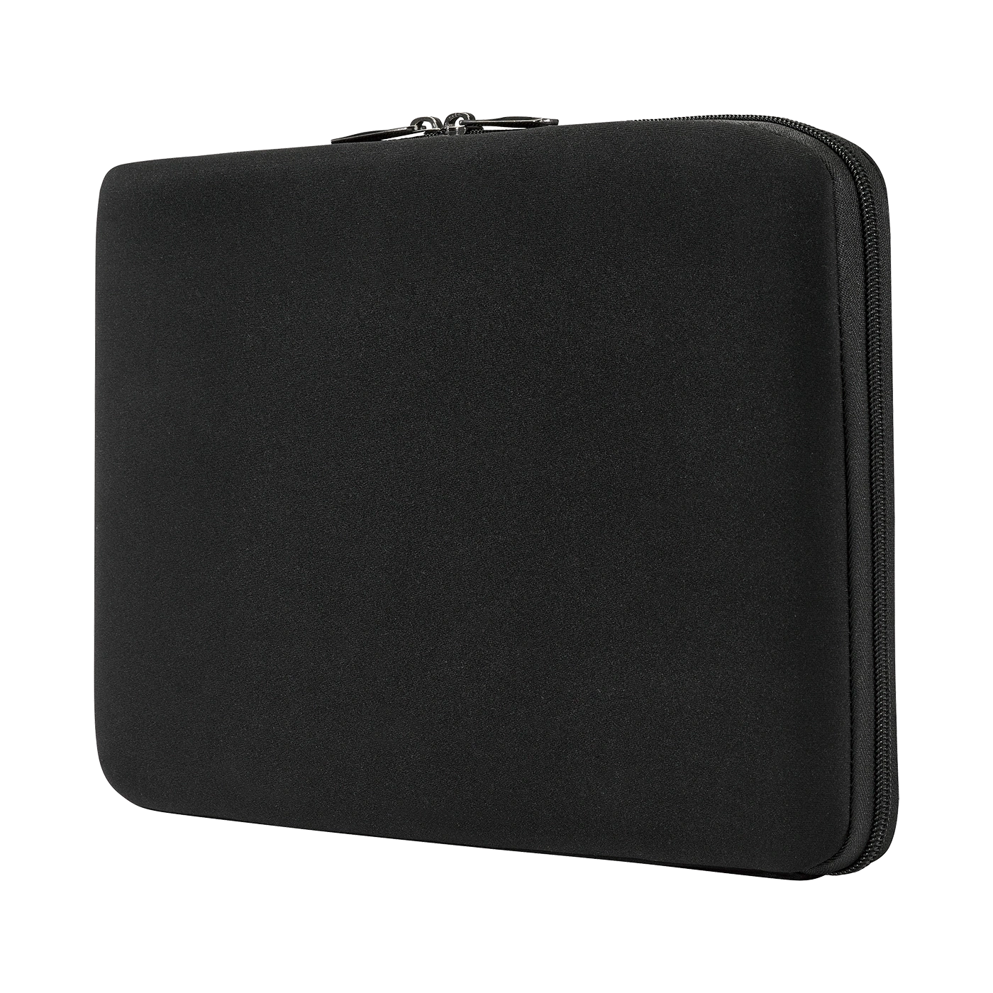 Black laptop sleeve with zipper, neoprene case, protective cover, closed
