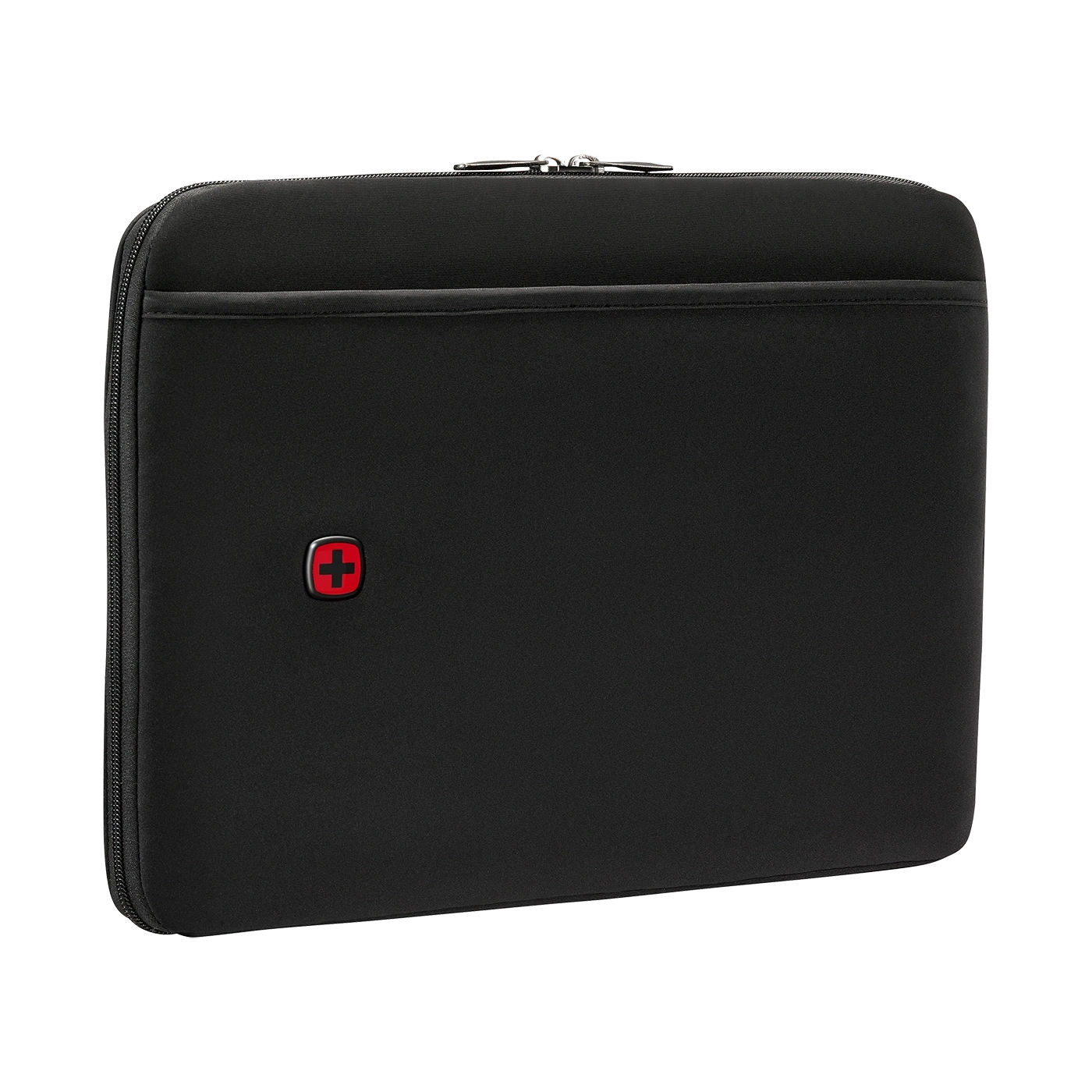 Black laptop sleeve with zipper and red logo, isolated on a white background.