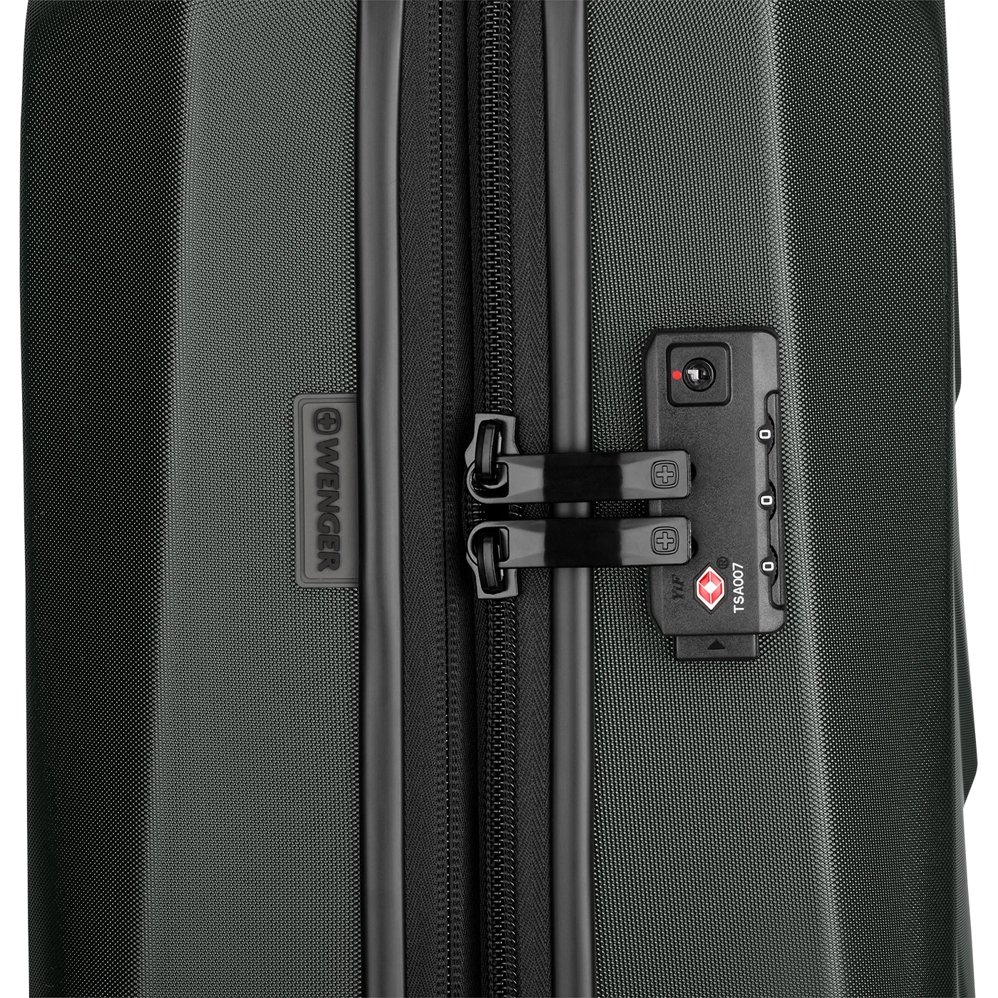 Black suitcase with zipper, lock, and Wenger logo, close-up shot.