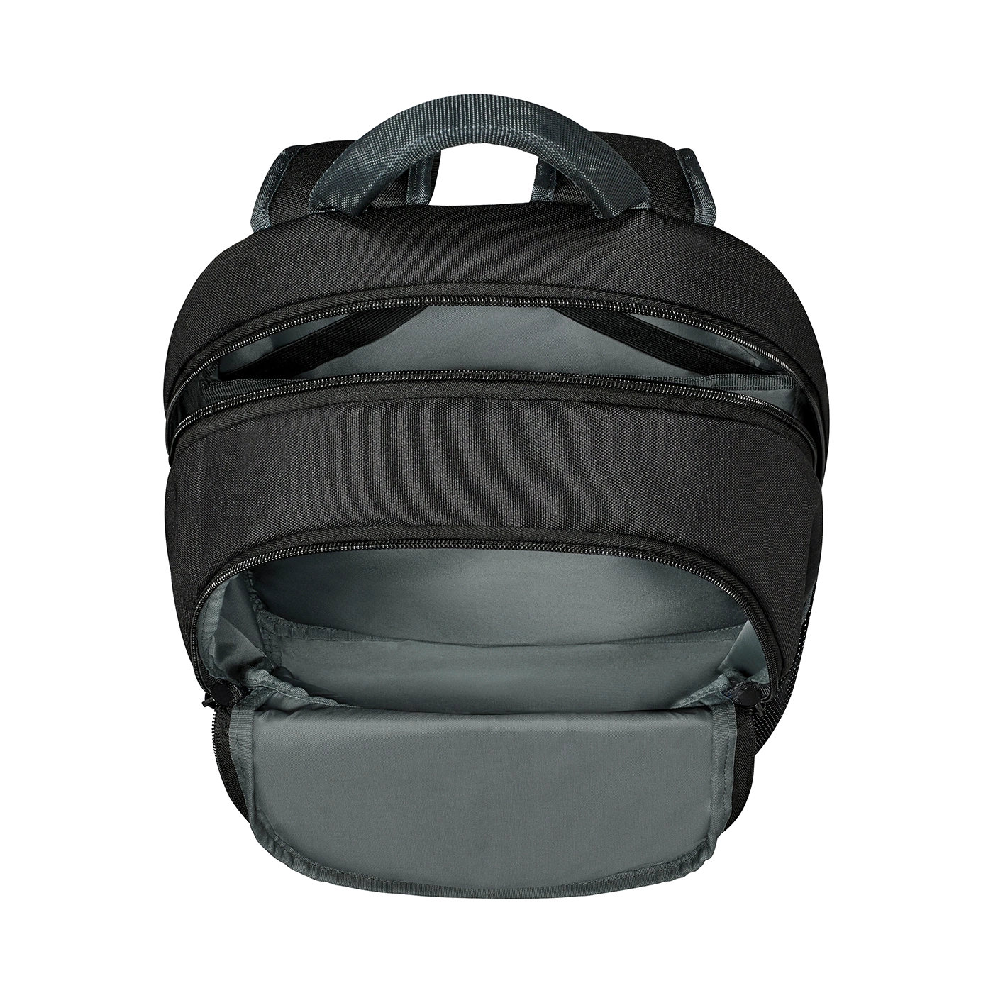 Black backpack with open zippers, interior lining, handle, and multiple pockets