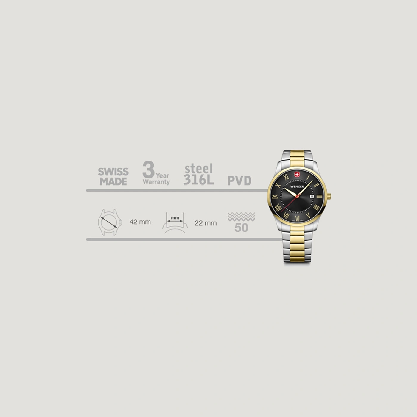Wenger watch, Swiss Made, 3 year warranty, steel, 42mm case, 22mm band, PVD coating
