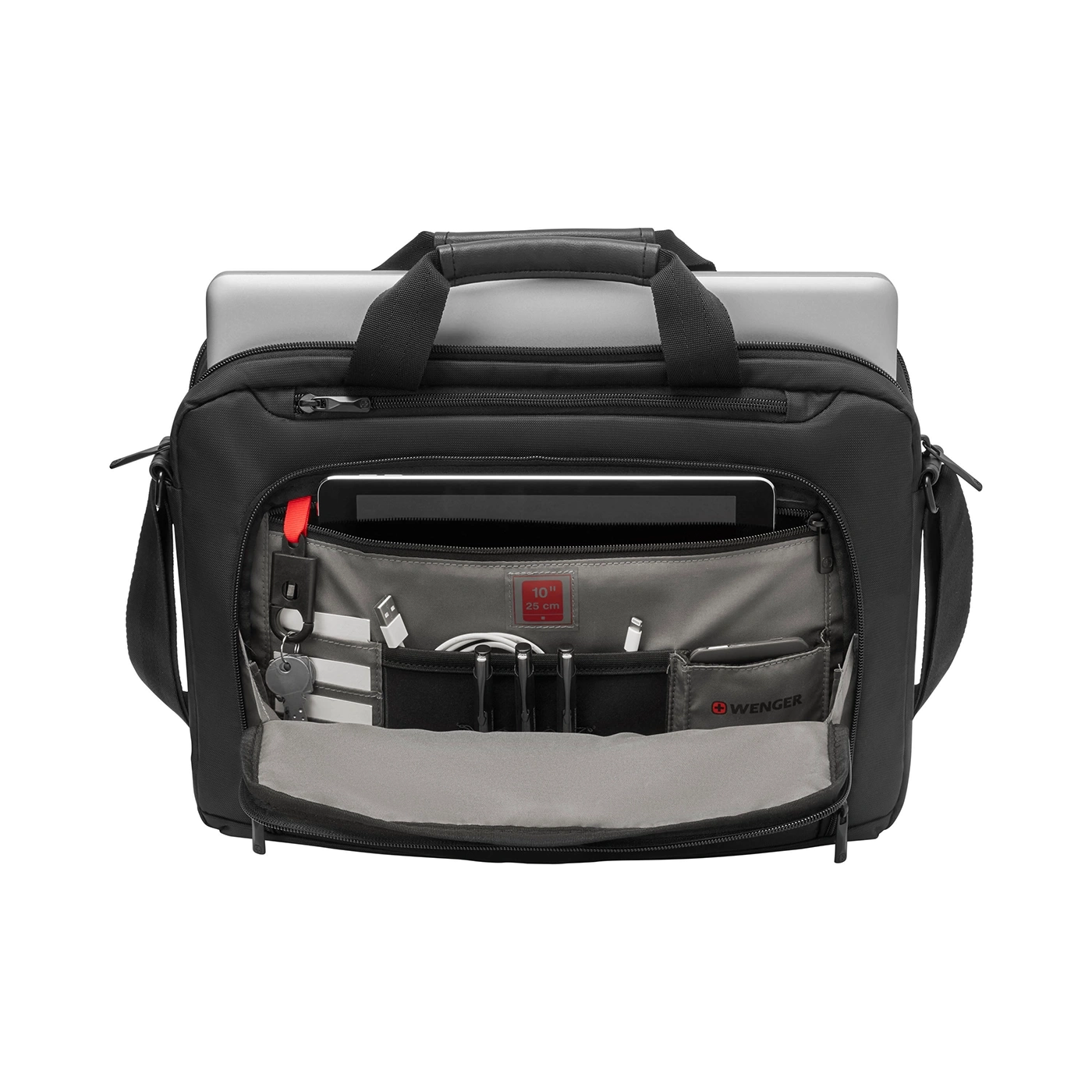 Black laptop bag with open compartment, tablet, cables and key ring, Wenger logo