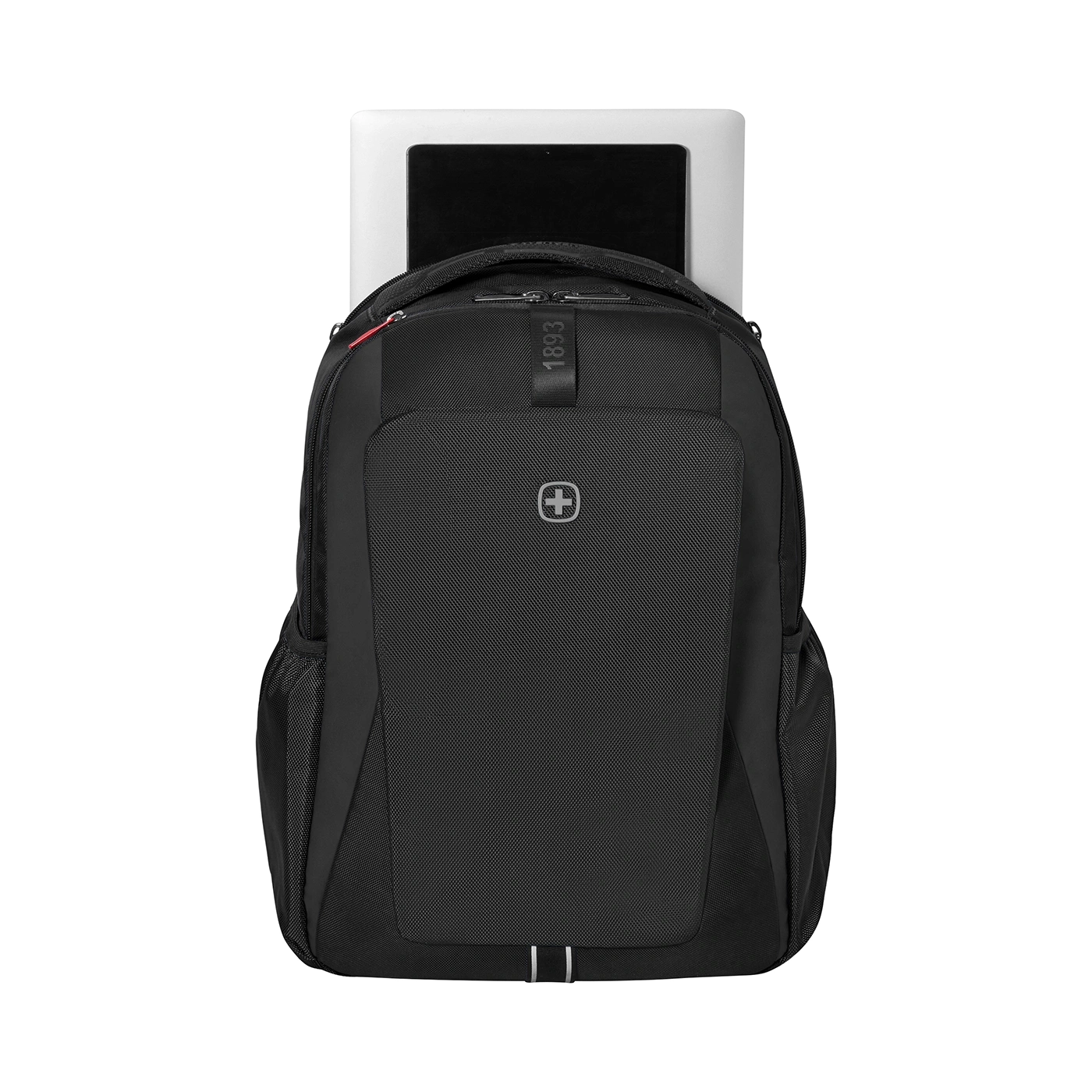 Black backpack with laptop on black background. Luggage, bag, travel, business, school
