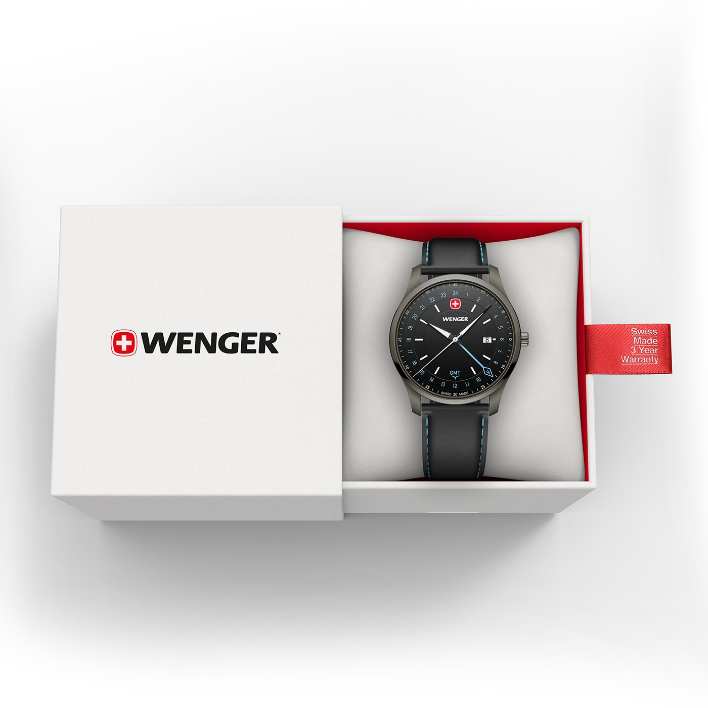 Wenger watch in a gift box with a red warranty tag.
