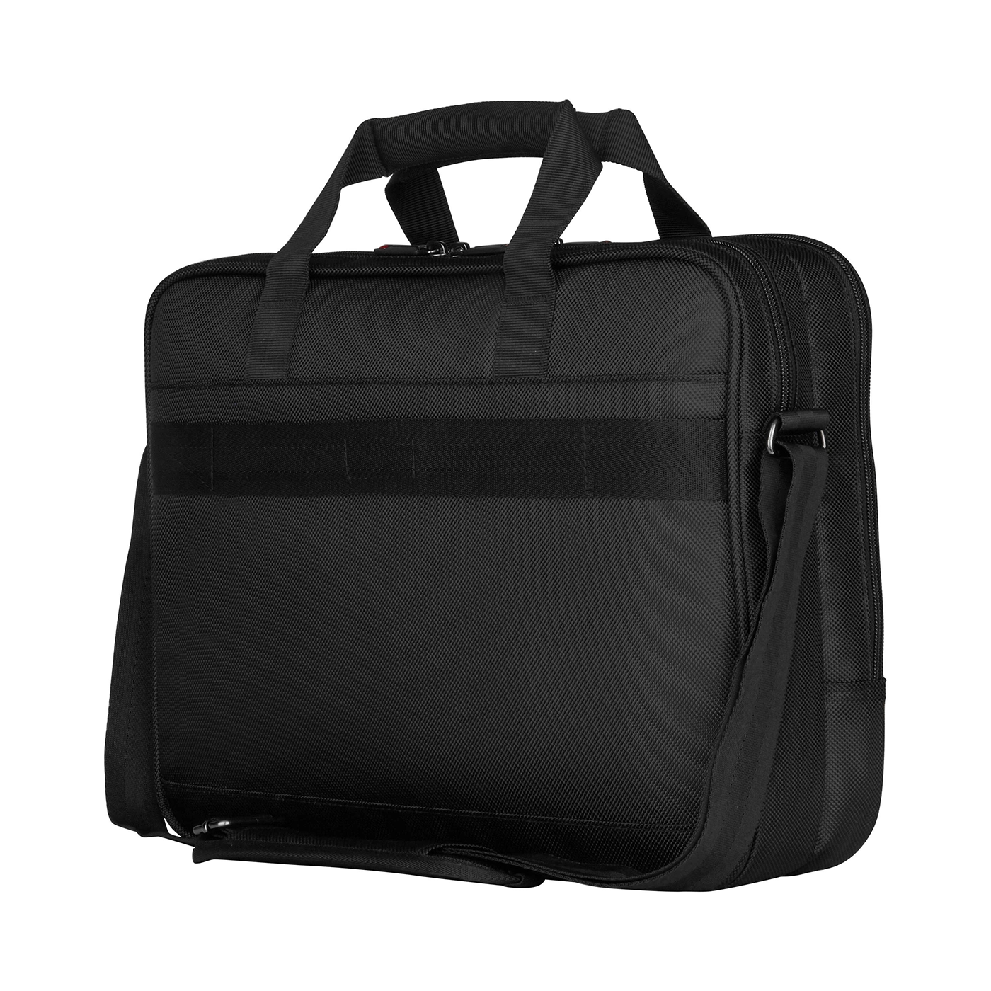 Black briefcase with handles and shoulder strap, isolated on black background