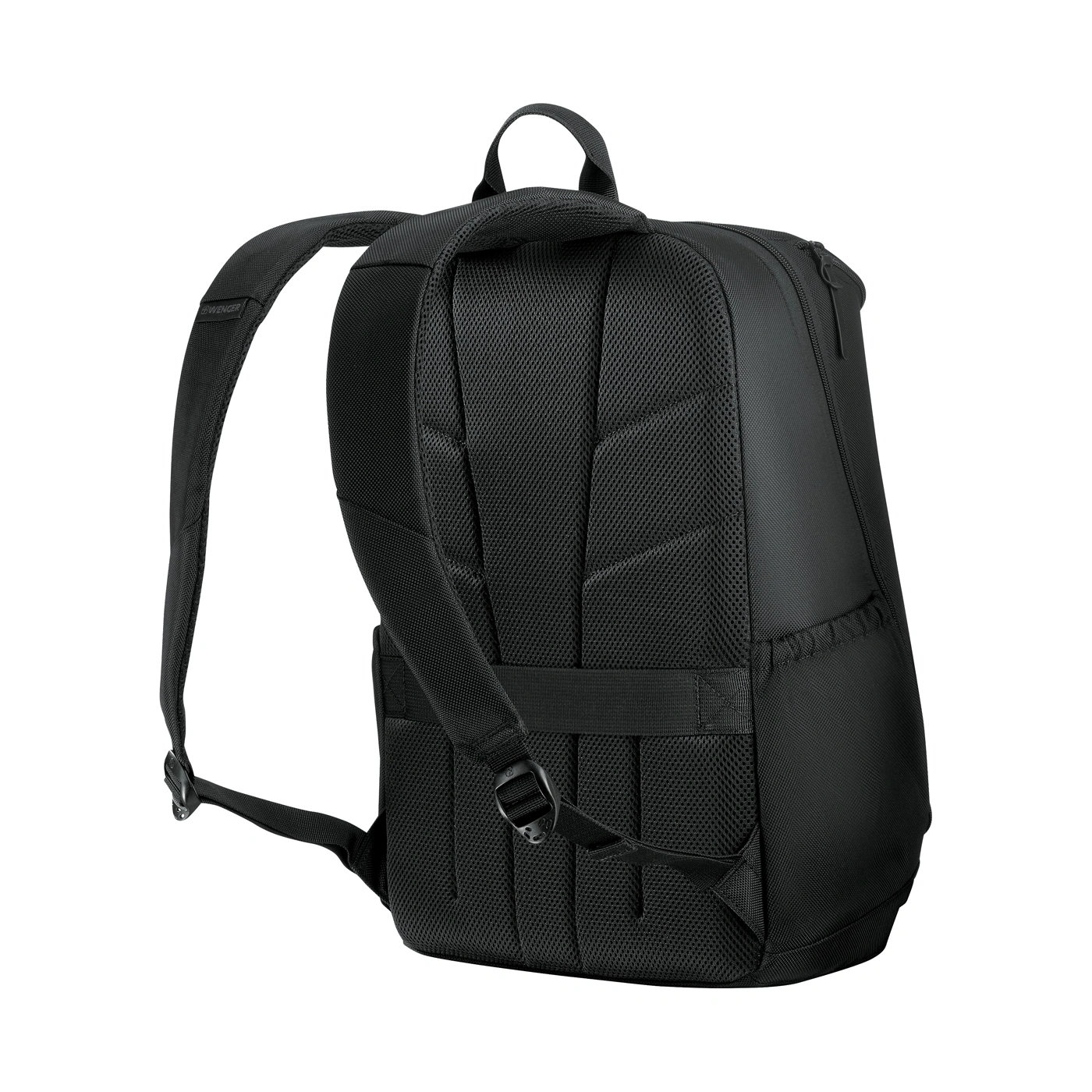 Black backpack with padded straps and zipper closure.