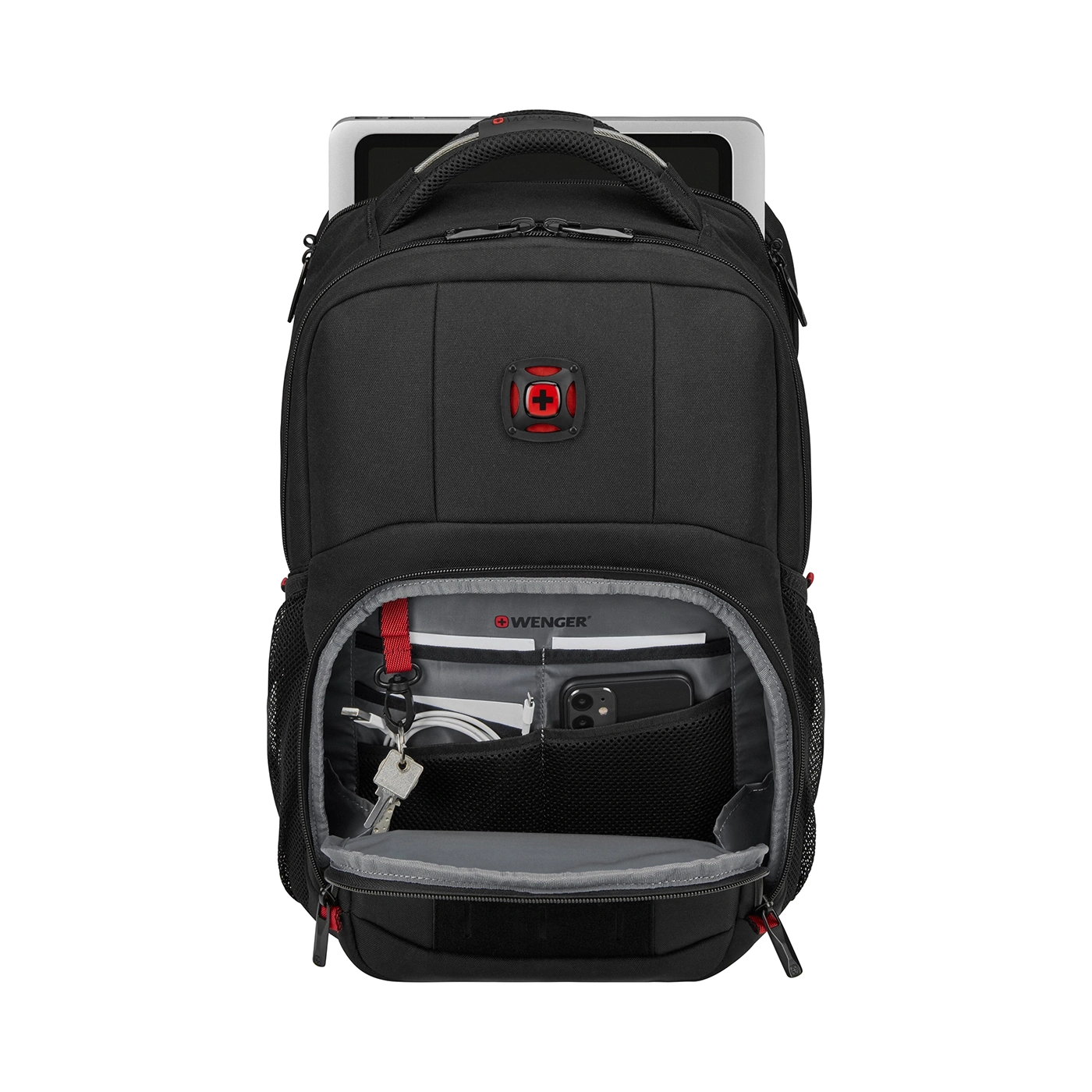 Black backpack with open pocket, tablet, and various accessories inside.
