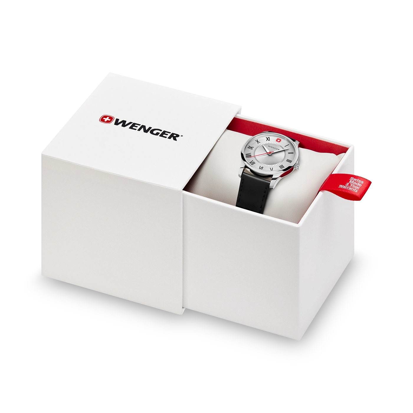 Wenger watch in a white box with red lining and warranty tag