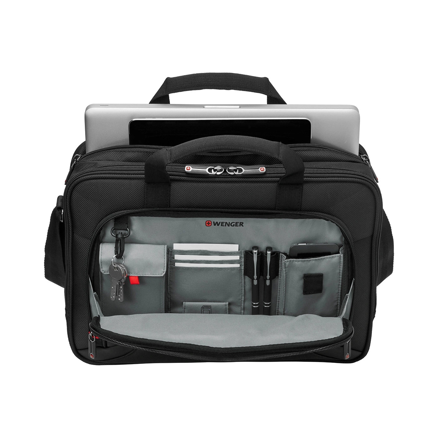Black briefcase open with laptop, pens, keys, and logo, showing the inside.