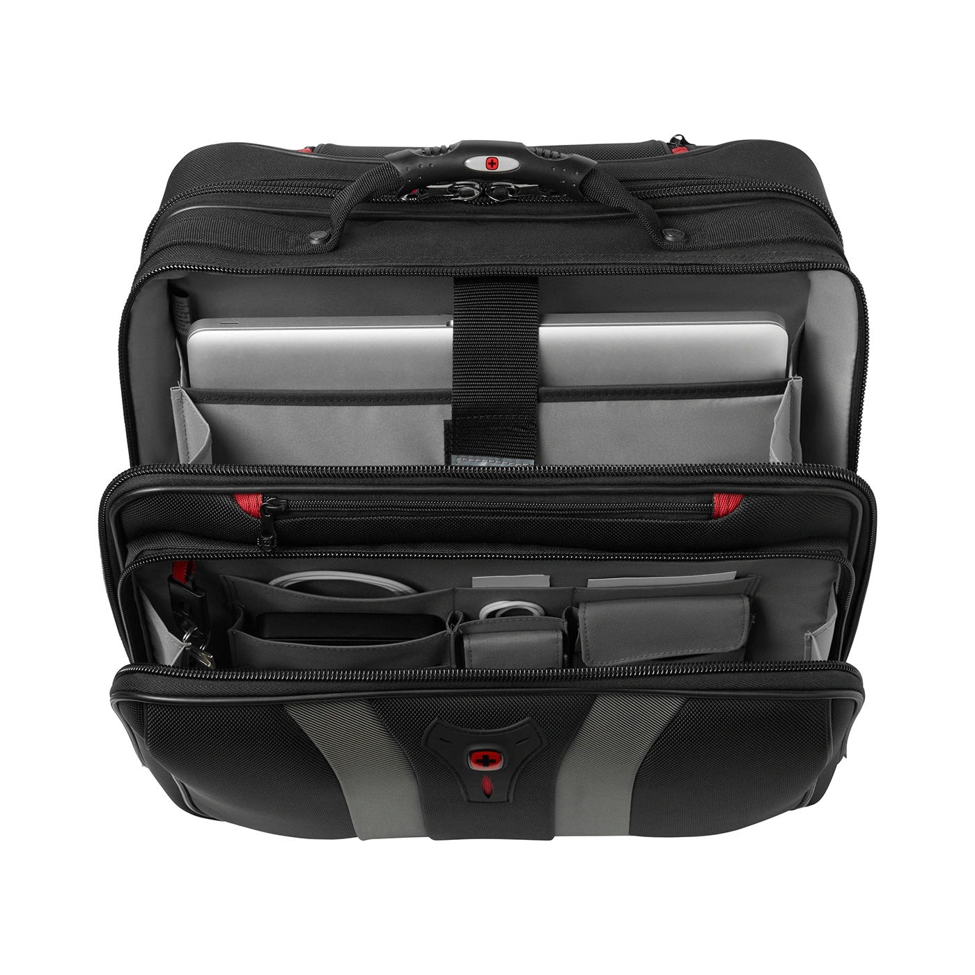 Black laptop bag open, showing compartments with laptop and accessories inside.