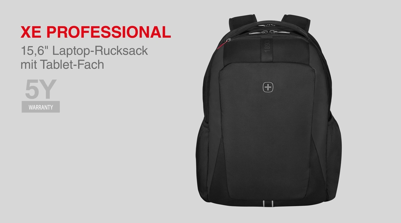Black backpack with red text and a 5-year warranty.