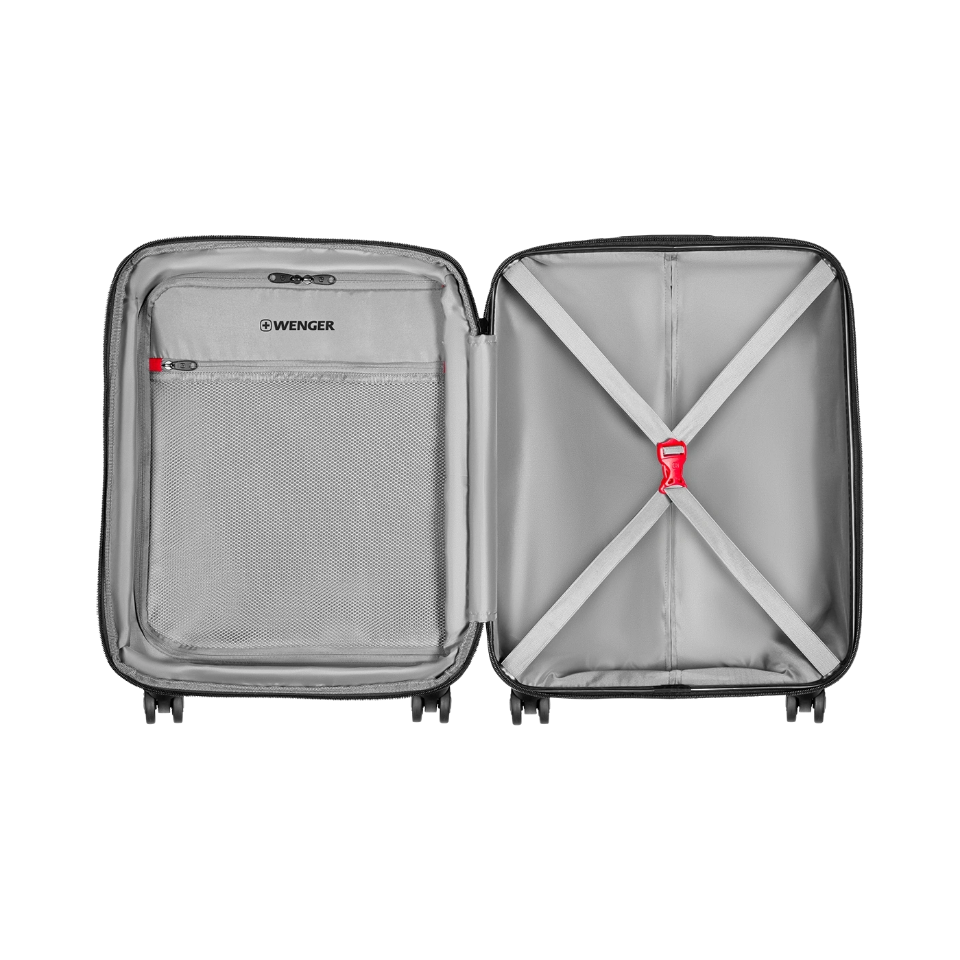 Open suitcase with gray interior and red clasp. Luggage with compartments.