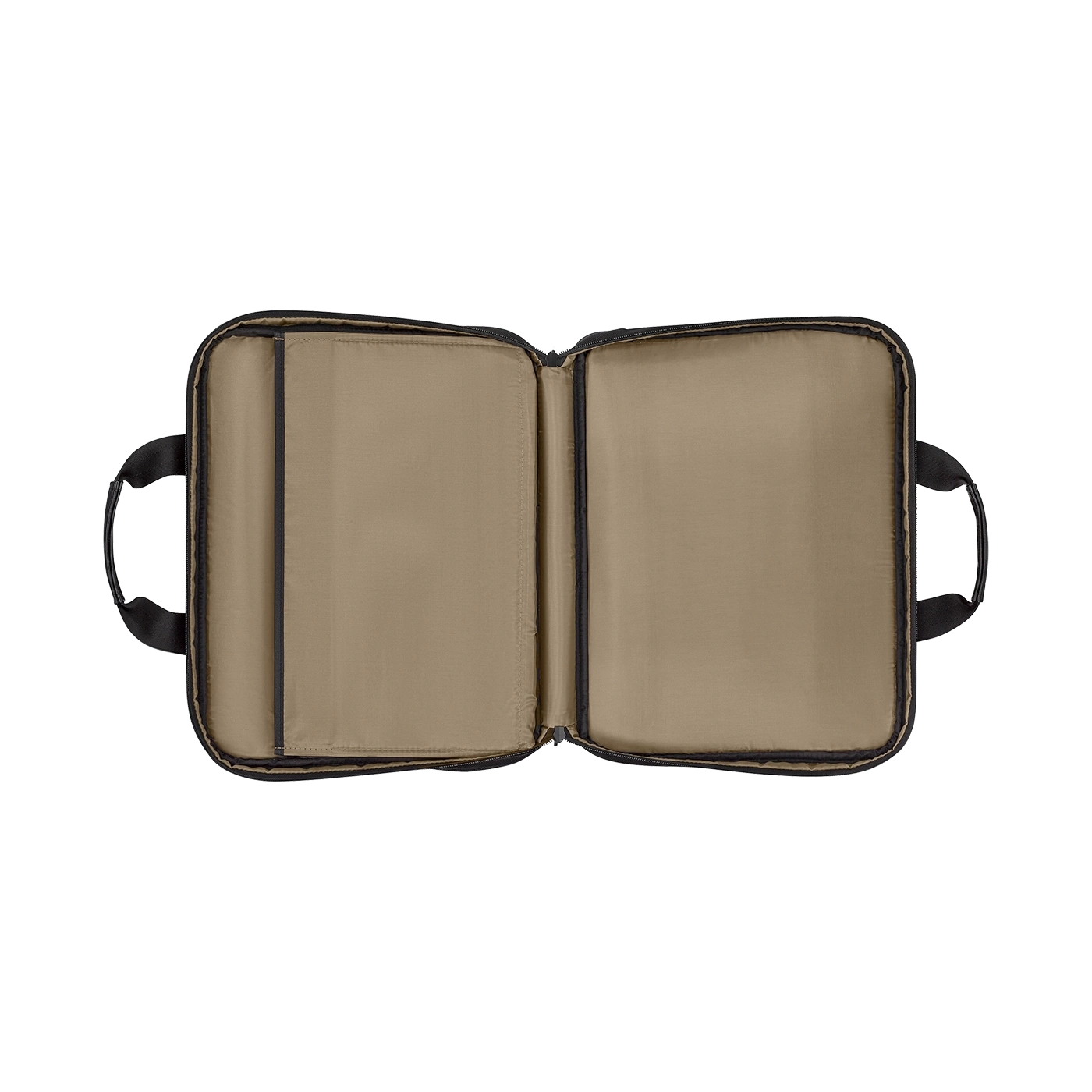 Open black bag with brown interior and handles on the sides, isolated on white.