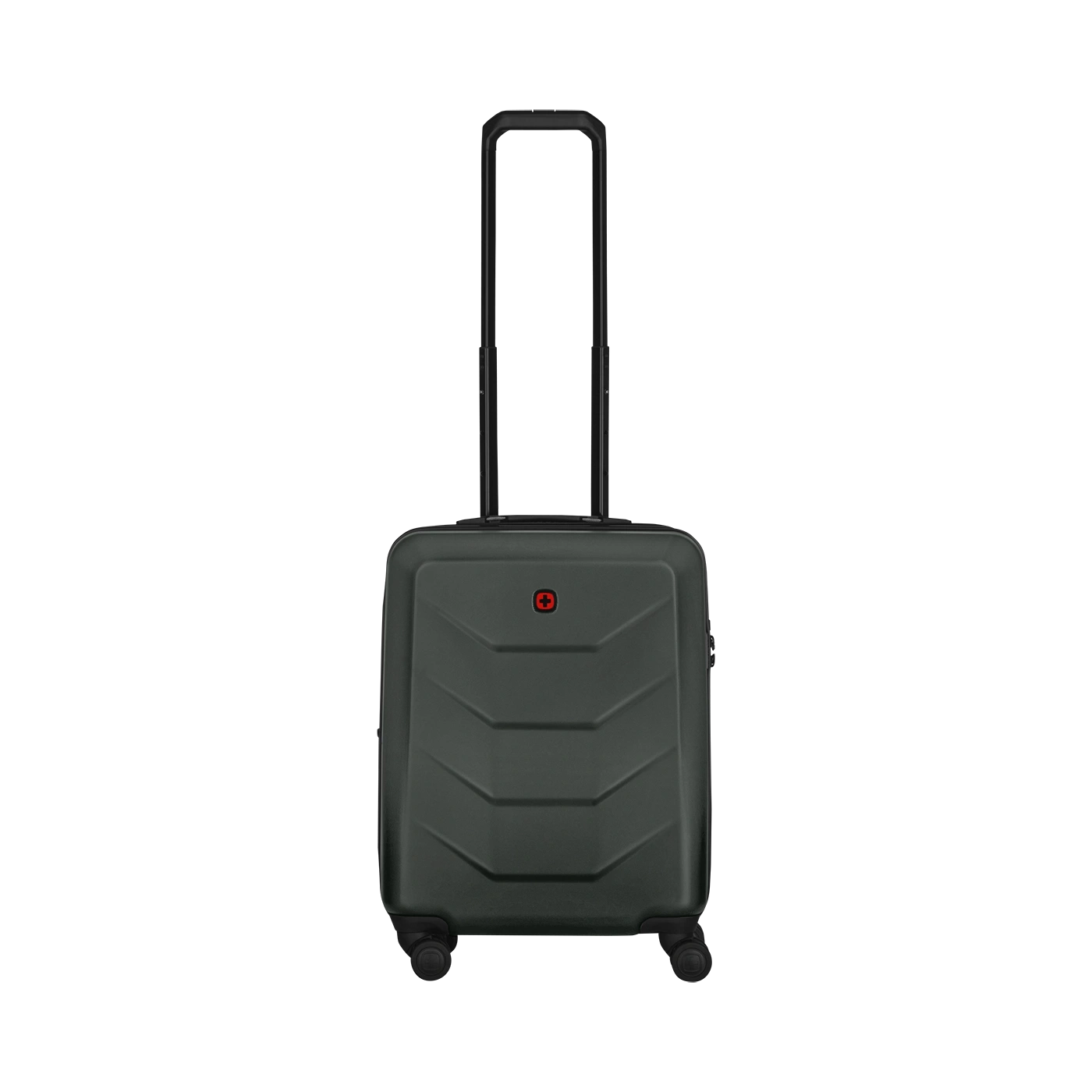 Dark green suitcase with red logo and retractable handle, wheels