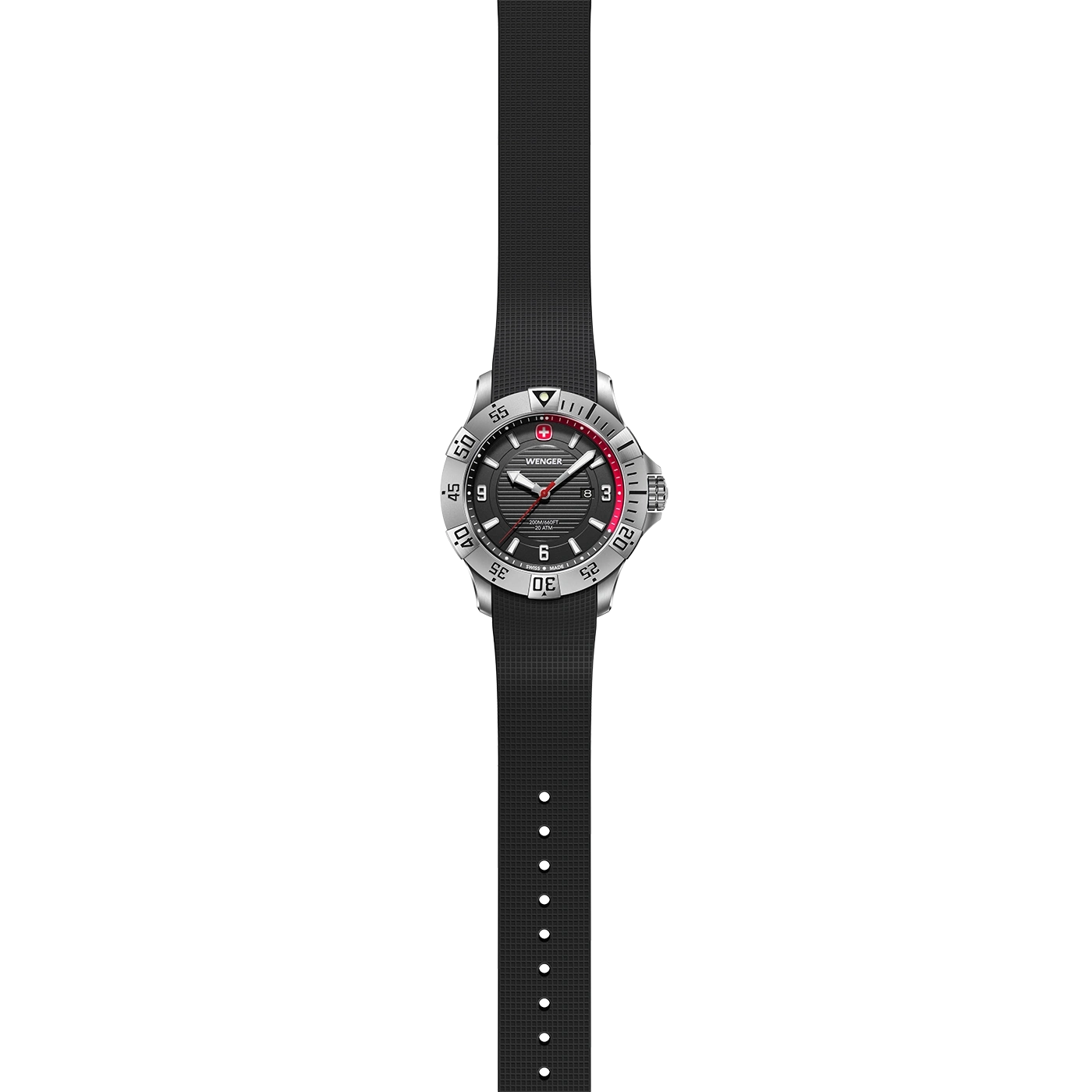 Wenger watch with black strap and silver case, close-up shot of the watch