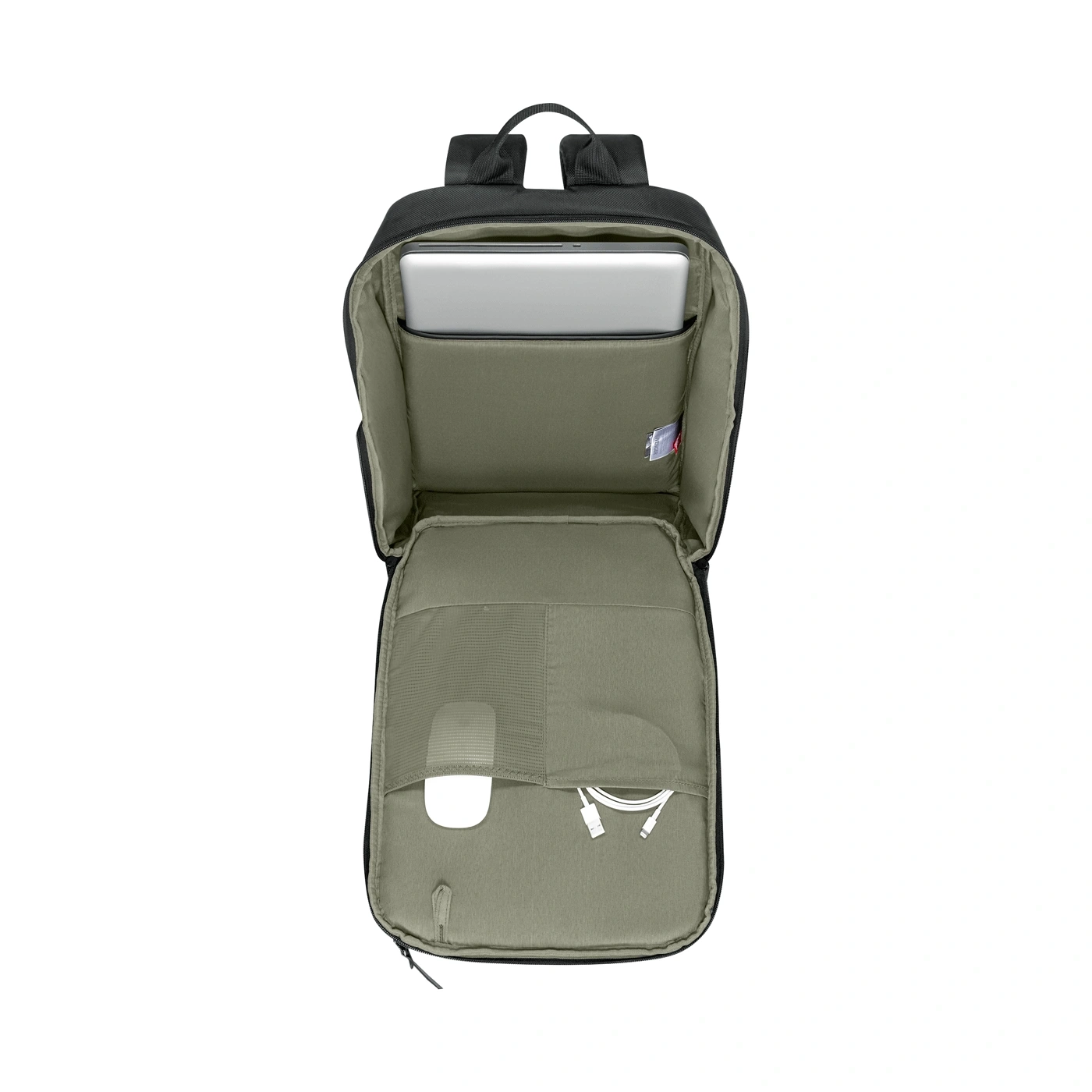 An open black backpack with a laptop, mouse, and cables inside.
