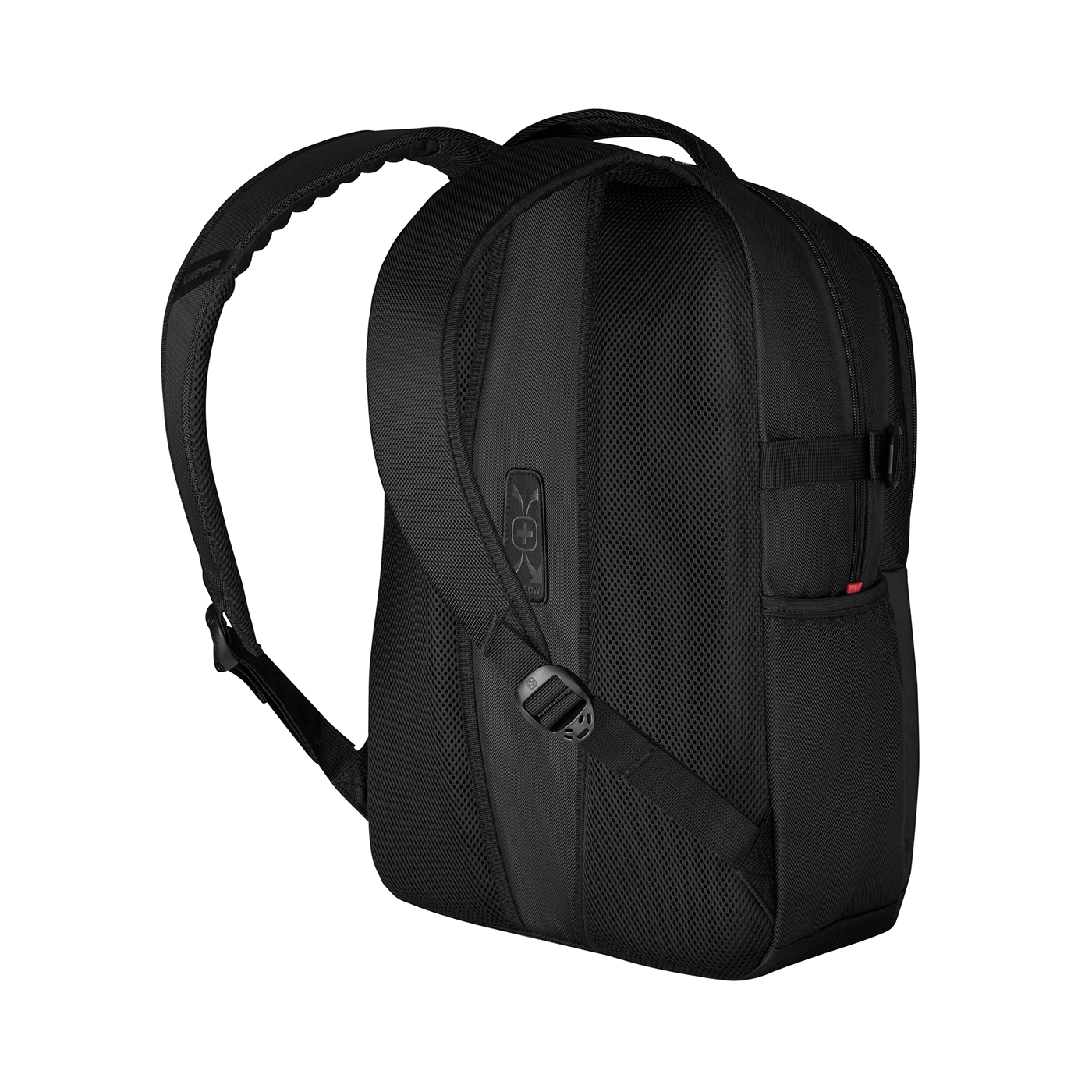 Black backpack, detail view, mesh back, shoulder straps, zipper, Wenger logo, outdoor gear, luggage
