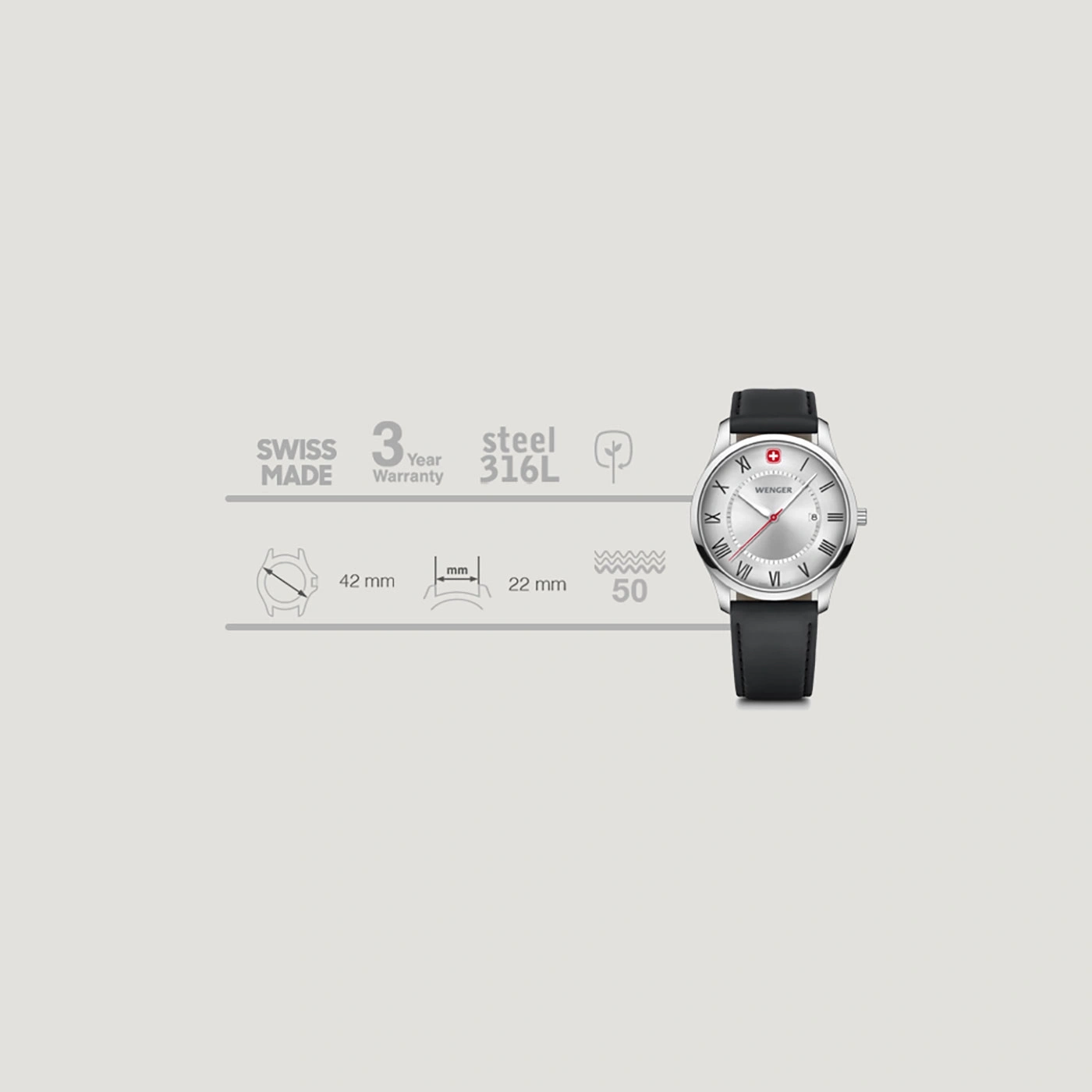 Wenger watch with silver dial, black leather strap, 42mm case, 3 year warranty.