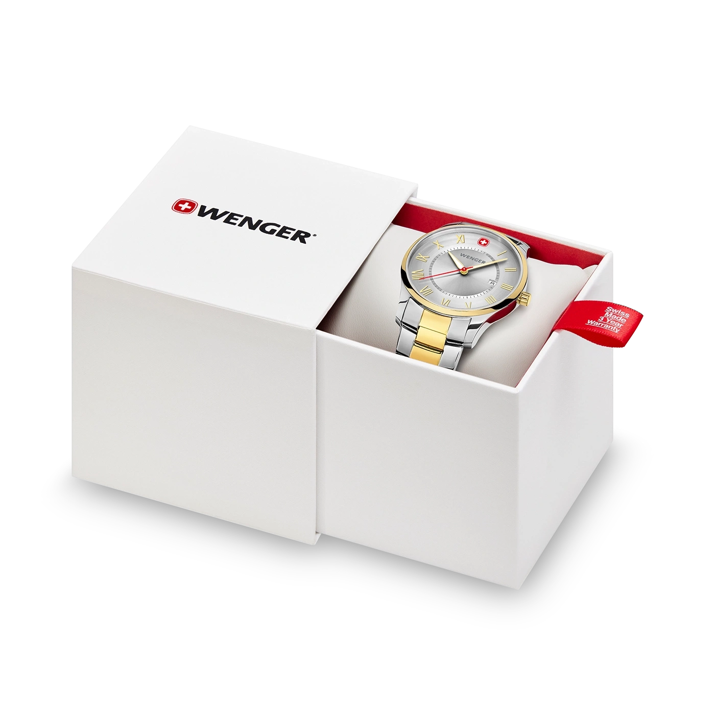 Wenger watch in a white box with red lining and warranty tag, gold and silver