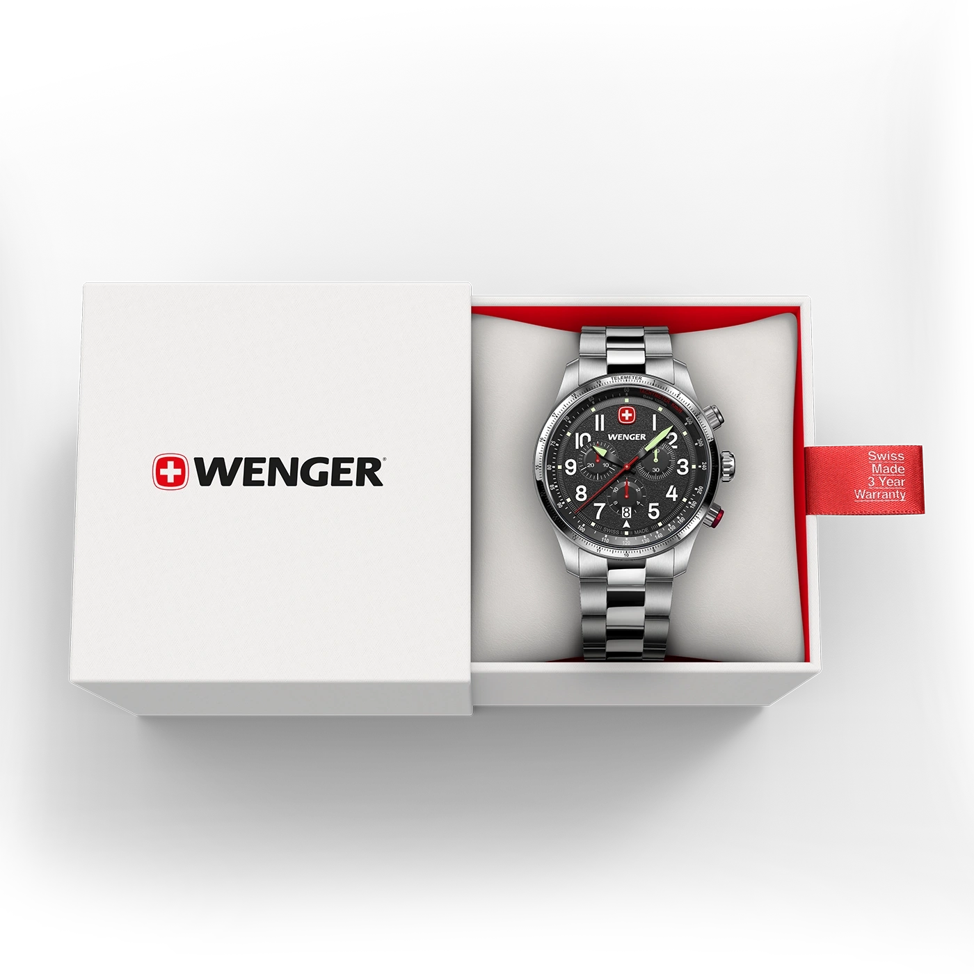 Wenger watch in box, Swiss made, 3 year warranty, black dial, silver bracelet