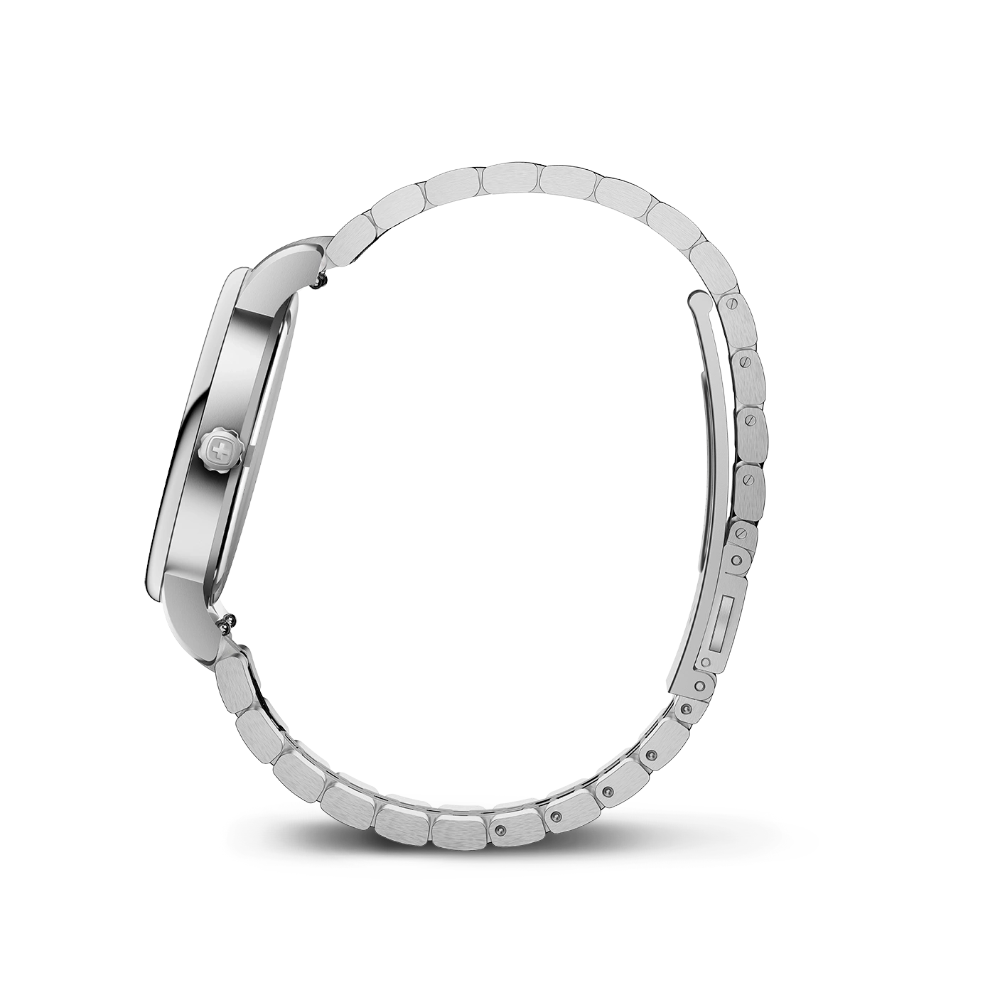 Side view of a silver wristwatch on a white background.
