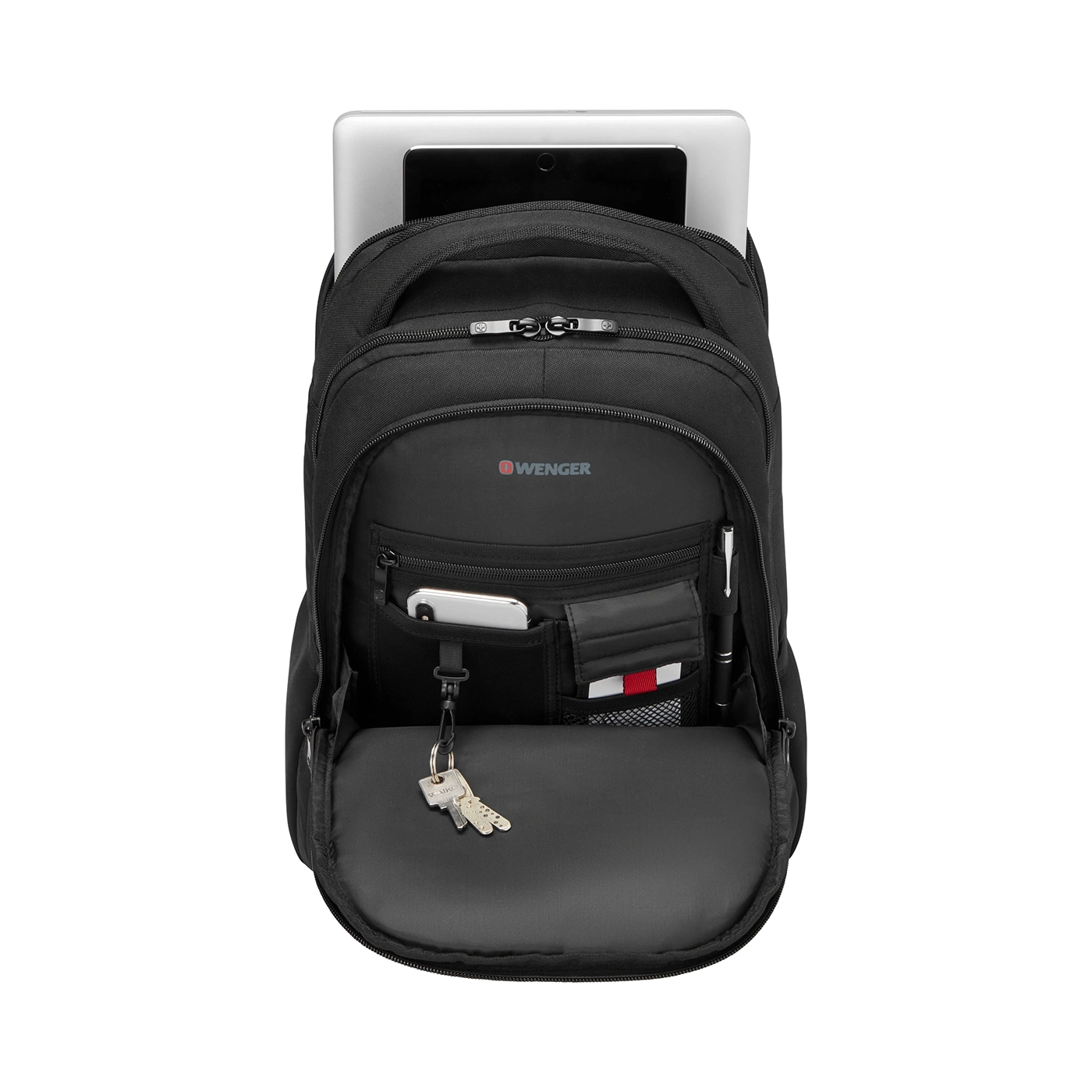 Black backpack with tablet, phone, pen, and keys, open.