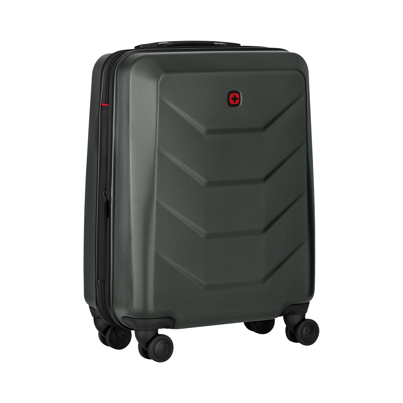 Dark green suitcase with red logo and four wheels, travel luggage