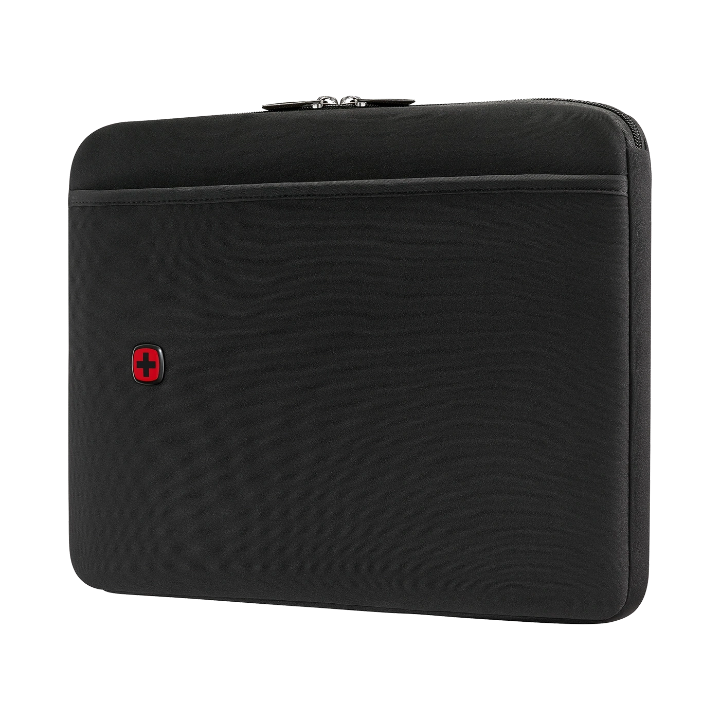 Black laptop sleeve with zipper and red cross logo on the front