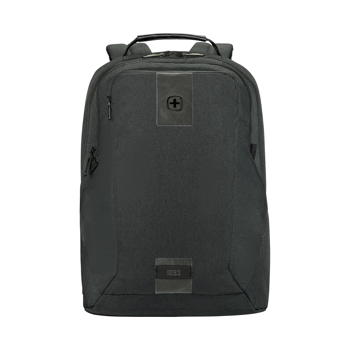 Black backpack with logo and zippers isolated on a black background, modern design.