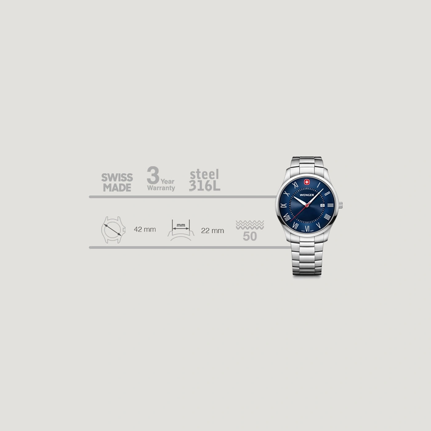 Swiss watch with blue dial, steel bracelet, and 3-year warranty.
