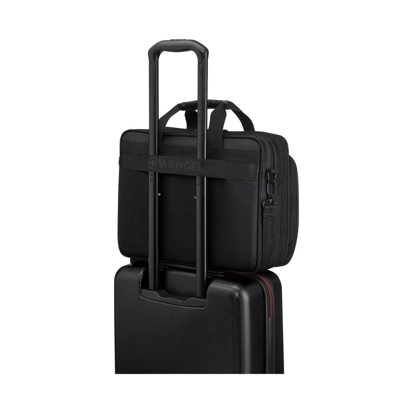 Black suitcase with trolley handle and briefcase, travel luggage, business luggage