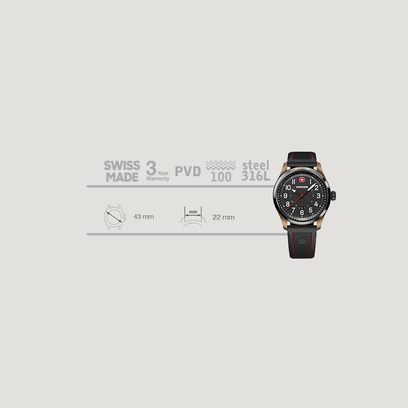 Swiss watch with 3-year warranty, PVD, steel 316L, 43 mm case, 22 mm strap.