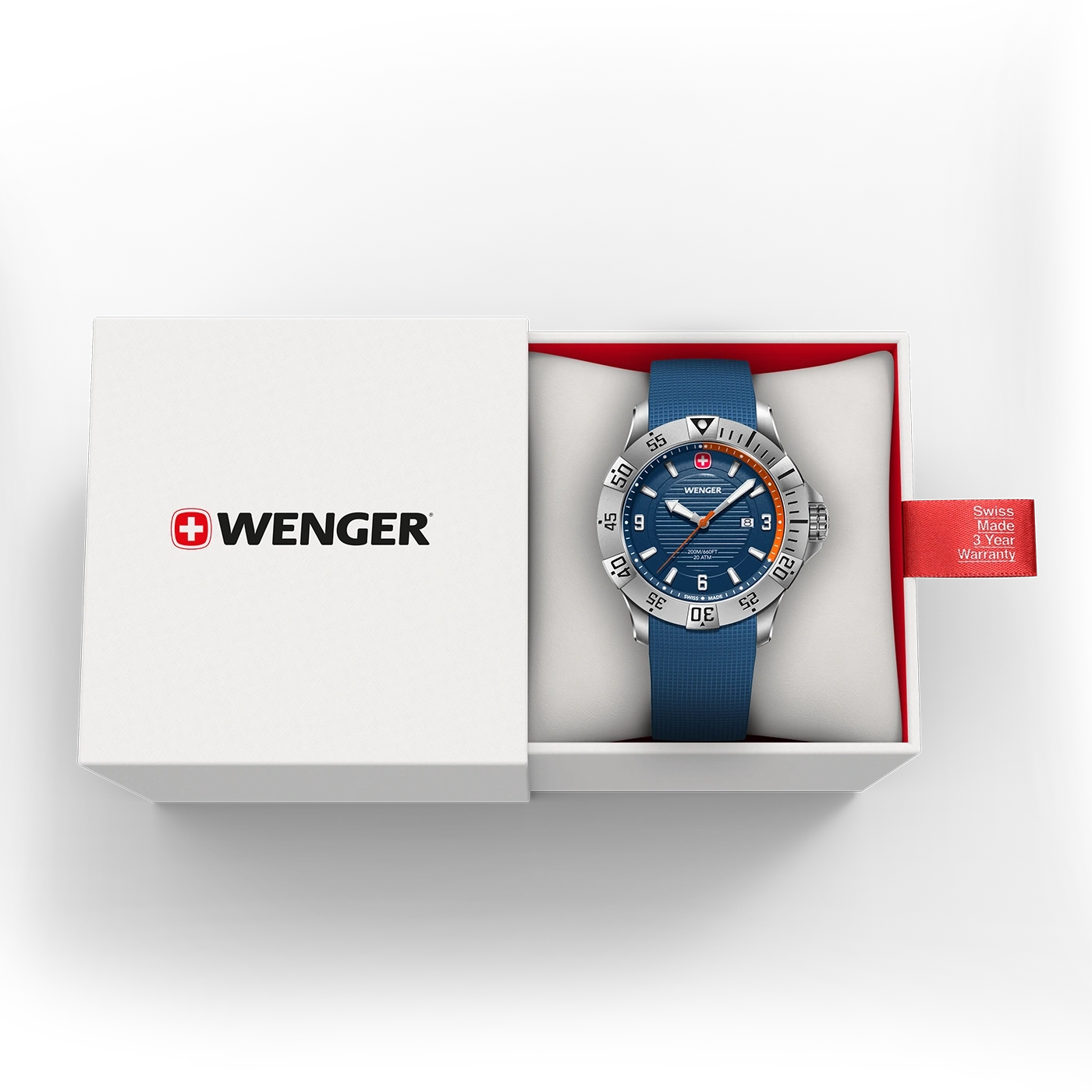 Wenger watch in box, blue dial, Swiss Made, 3 year warranty, open.