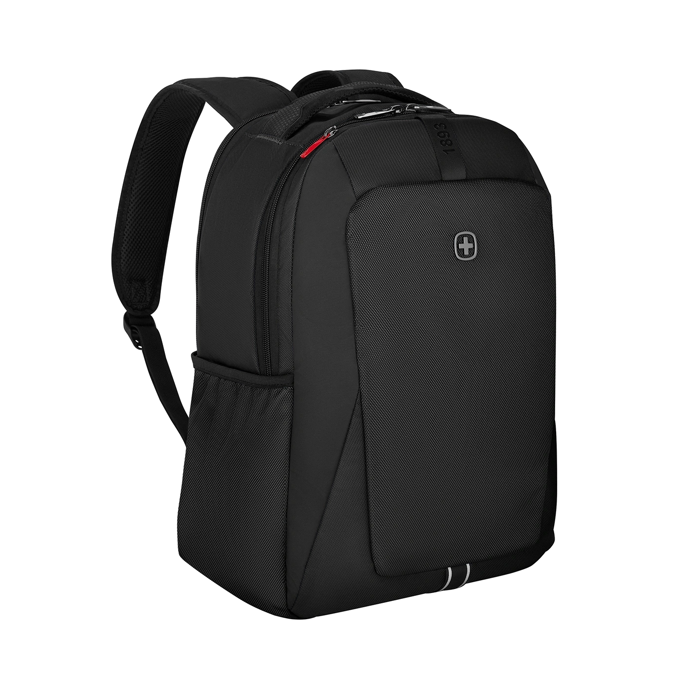 Black backpack with Swiss cross and zipper, 1893, on a black background
