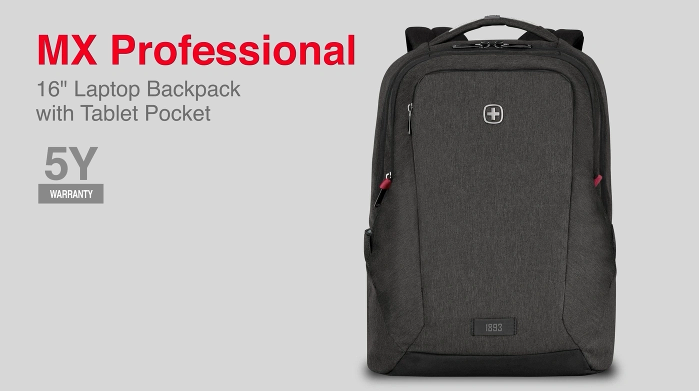Black backpack with red accent, 16" laptop bag, 5 year warranty, professional design