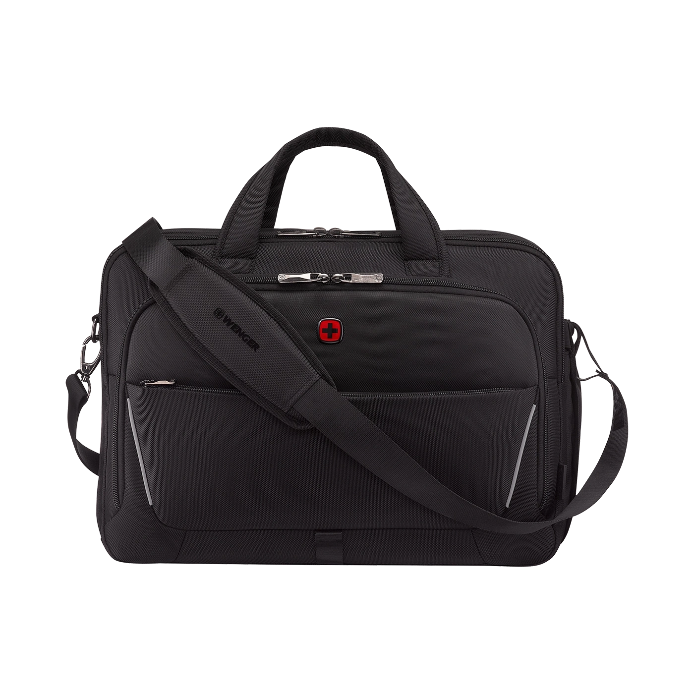 Black Wenger briefcase with shoulder strap and red cross logo on the front.