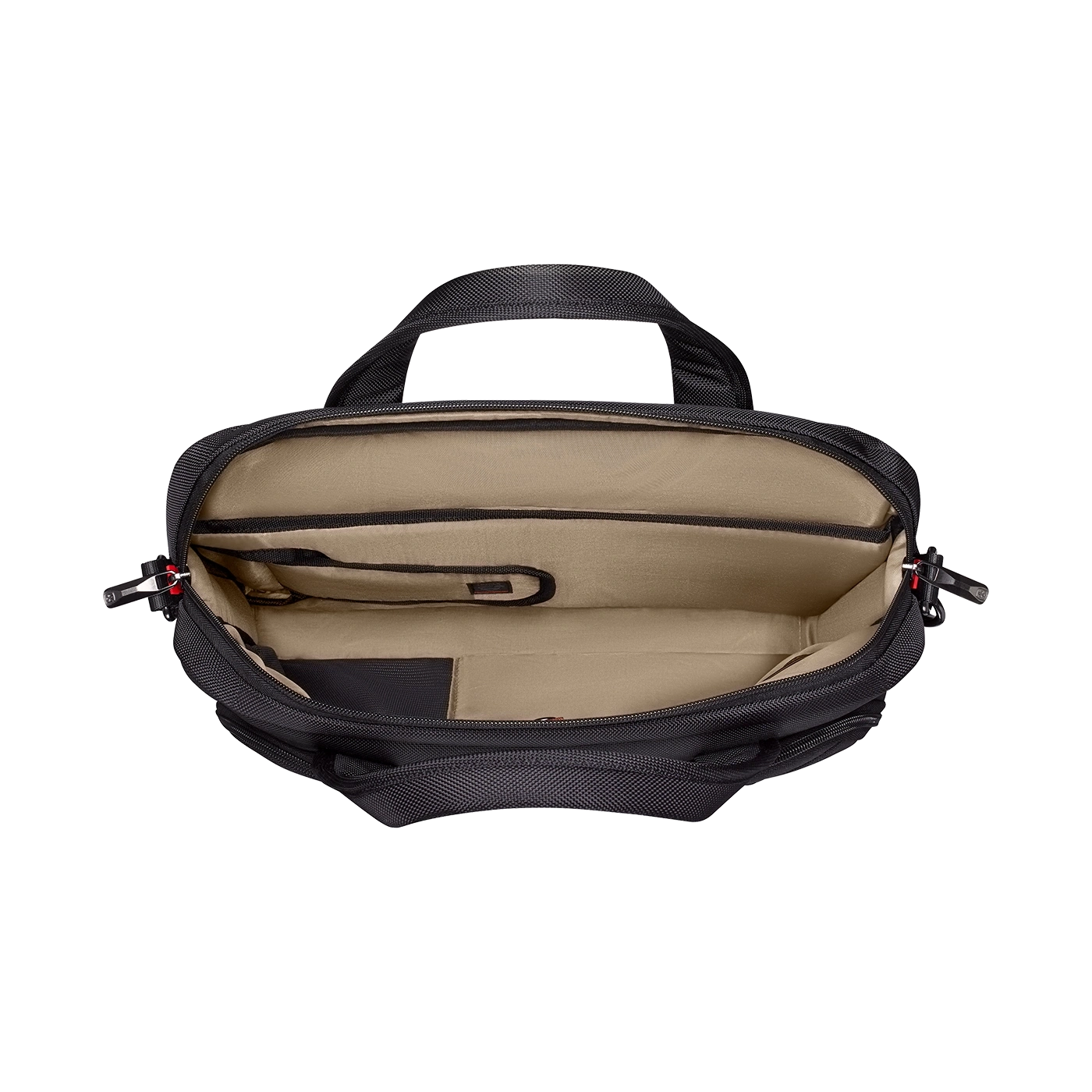 Black open bag with multiple compartments and handles, seen from above.