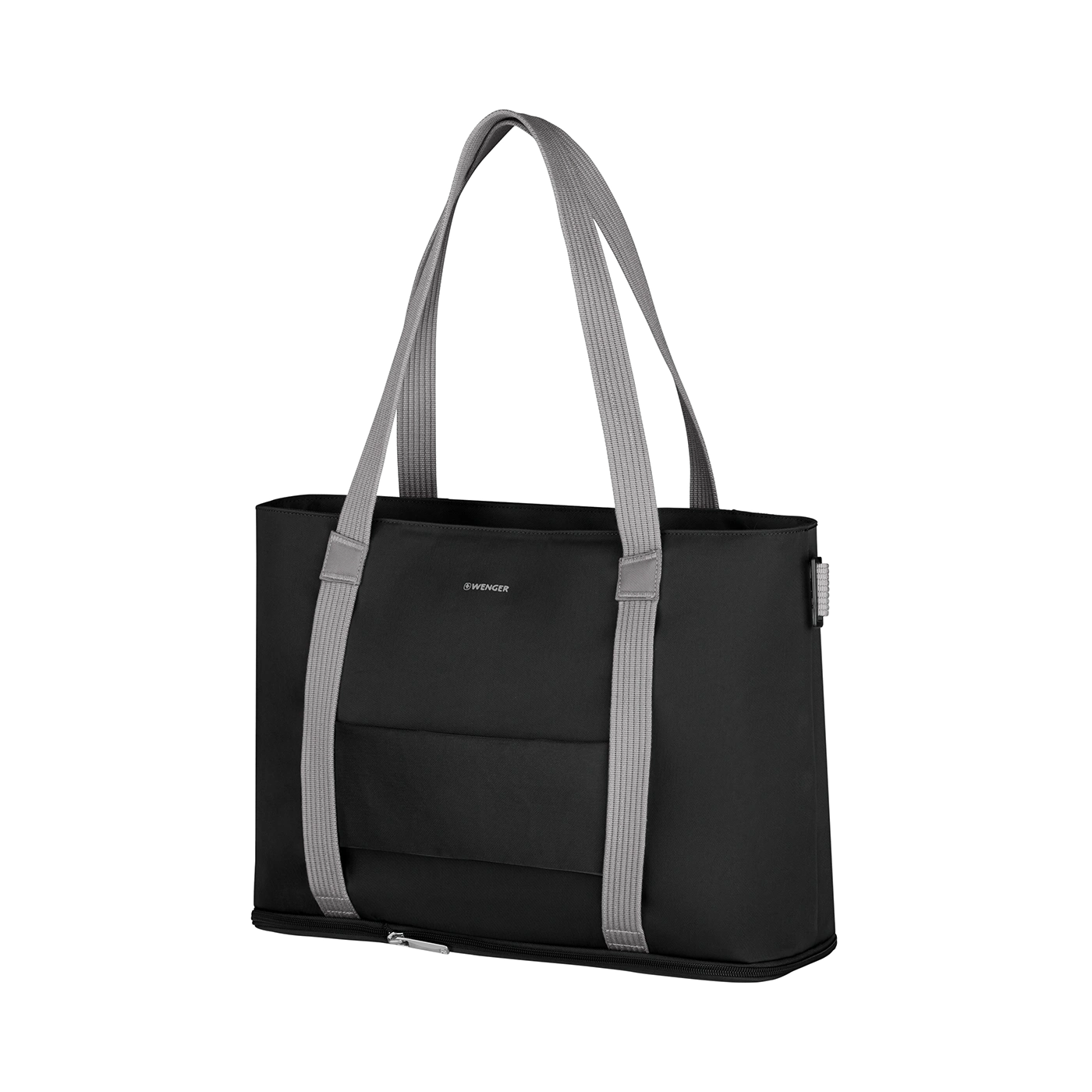 Black tote bag with gray straps, brand Wenger, on a black background, stylish design